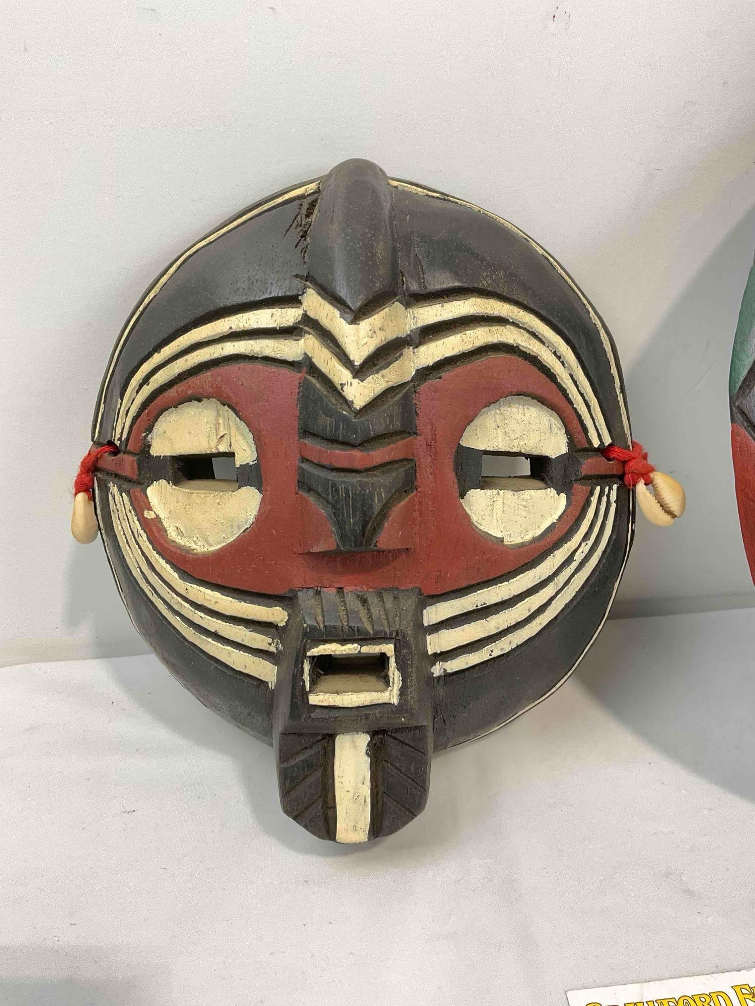 2 pcs Made in Ghana Painted Dark Wood Masks w/ Metal & Cowry Shell Accents. Very Good Cond. - 4