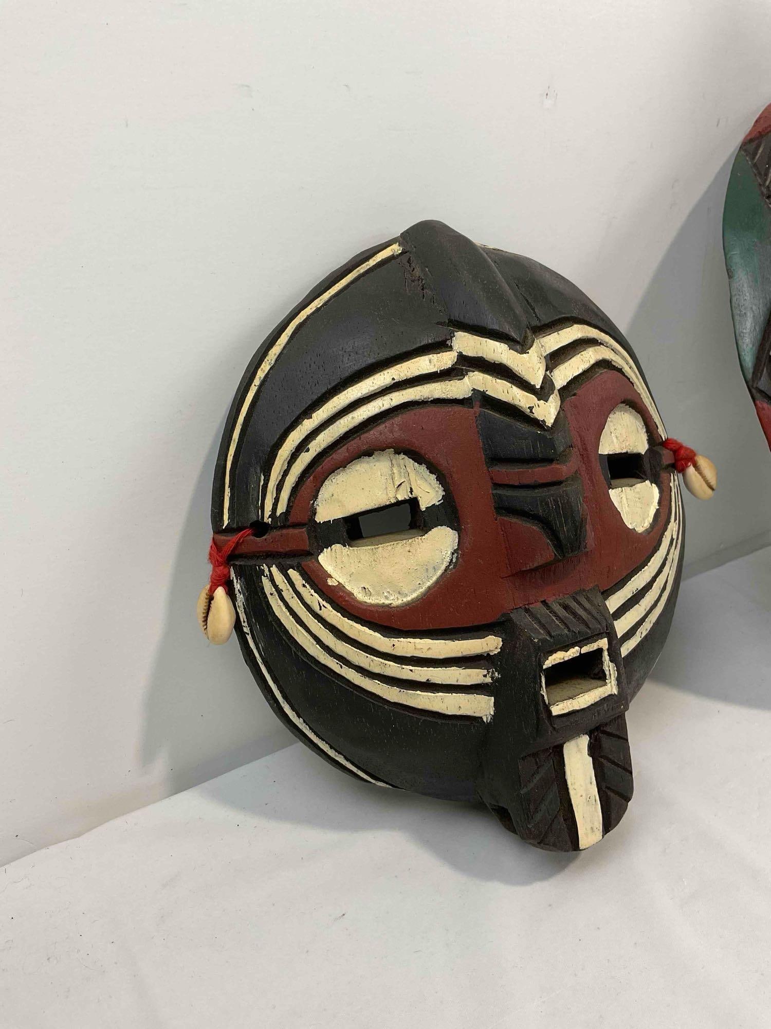 2 pcs Made in Ghana Painted Dark Wood Masks w/ Metal & Cowry Shell Accents. Very Good Cond. - 5