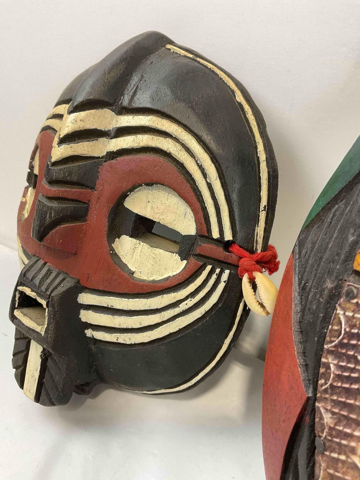 2 pcs Made in Ghana Painted Dark Wood Masks w/ Metal & Cowry Shell Accents. Very Good Cond. - 6
