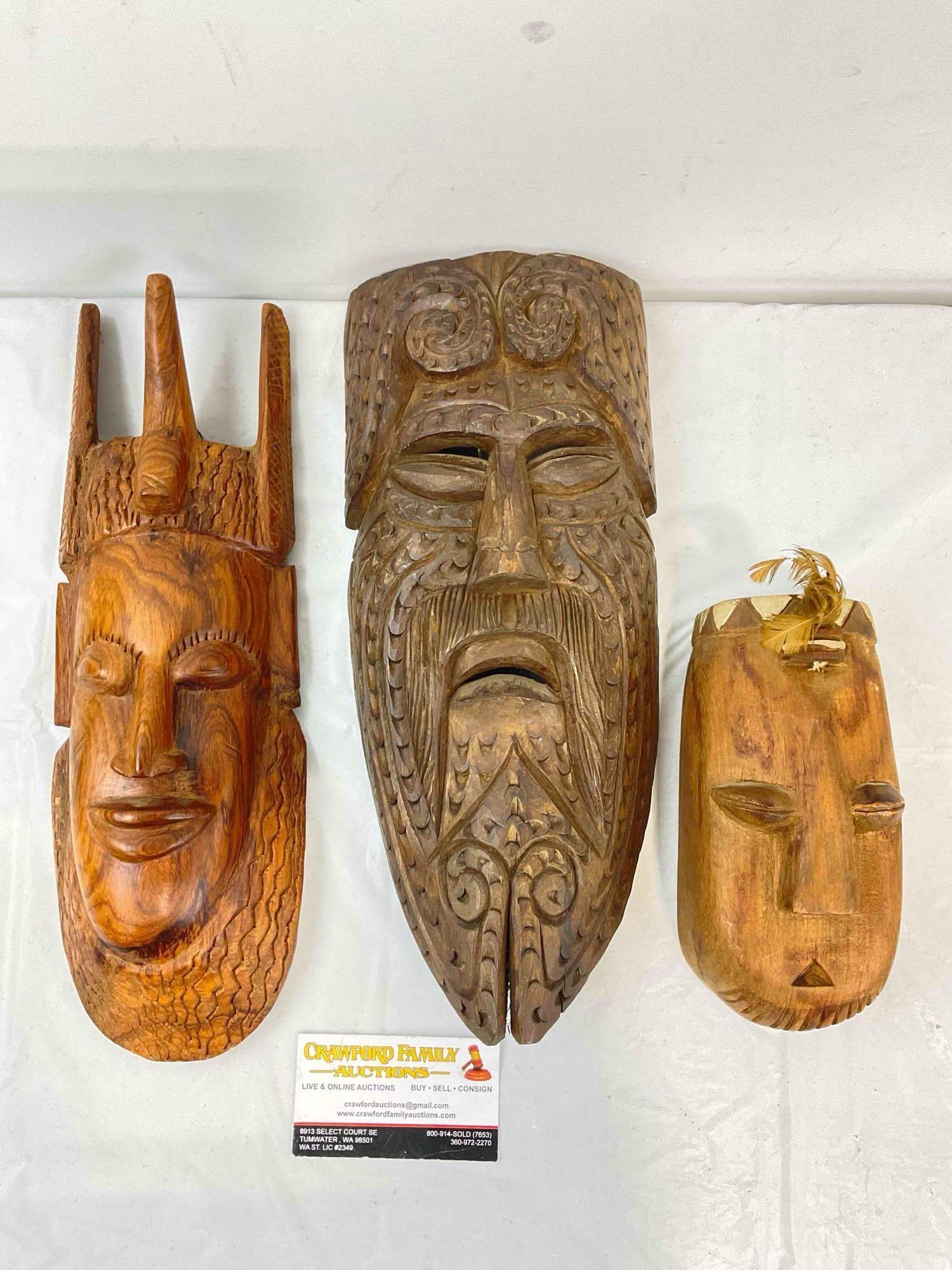 3 pcs Vintage Hand Carved Wooden Masks, incl. Made in Mexico Bearded Man Face. See pics. (1 of 8)