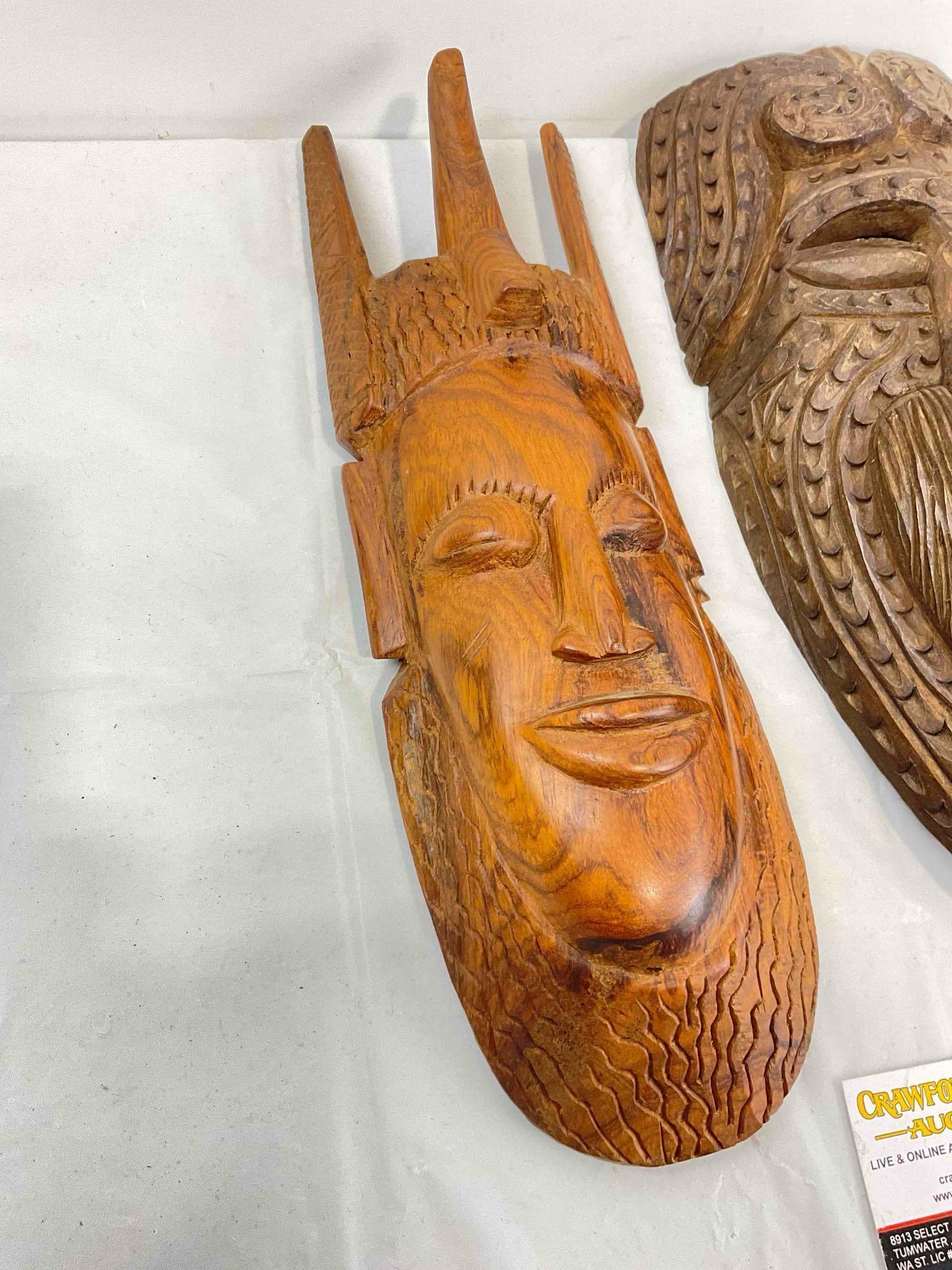 3 pcs Vintage Hand Carved Wooden Masks, incl. Made in Mexico Bearded Man Face. See pics. - 2