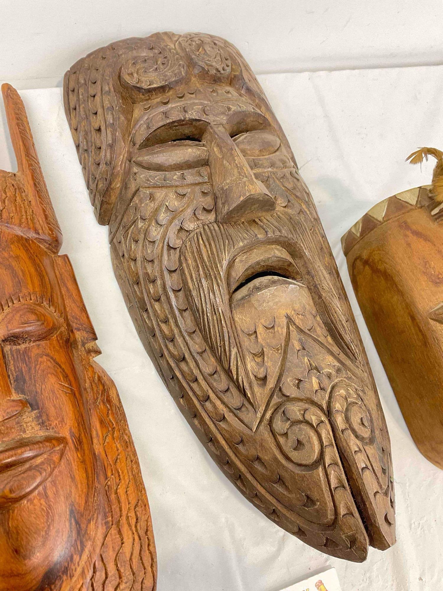 3 pcs Vintage Hand Carved Wooden Masks, incl. Made in Mexico Bearded Man Face. See pics. - 3