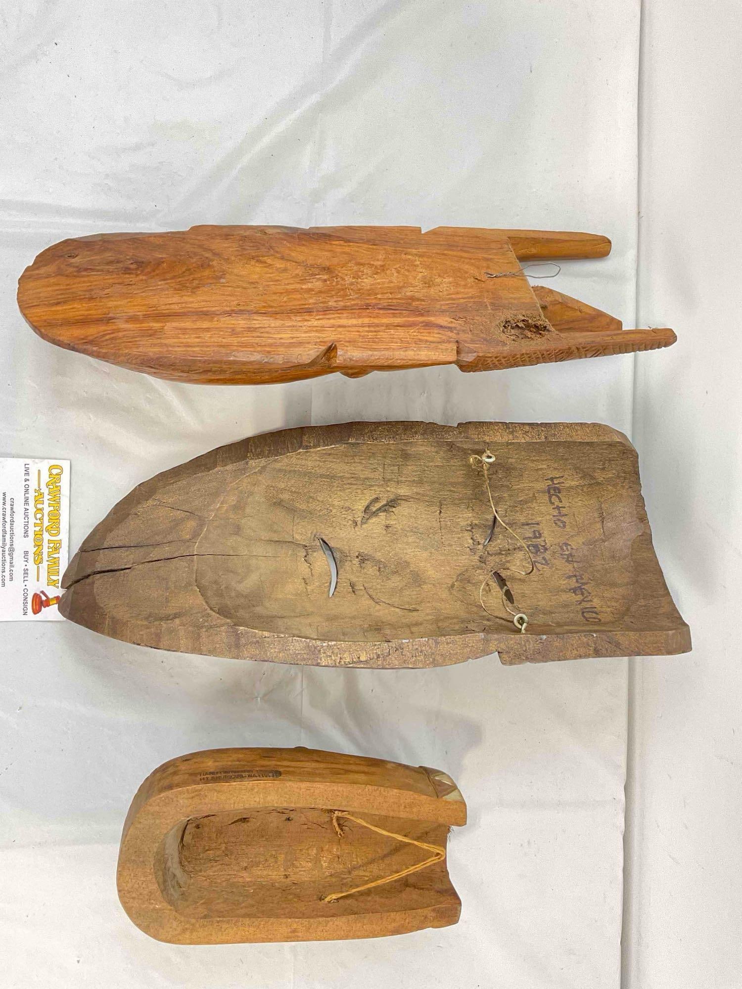 3 pcs Vintage Hand Carved Wooden Masks, incl. Made in Mexico Bearded Man Face. See pics. - 6
