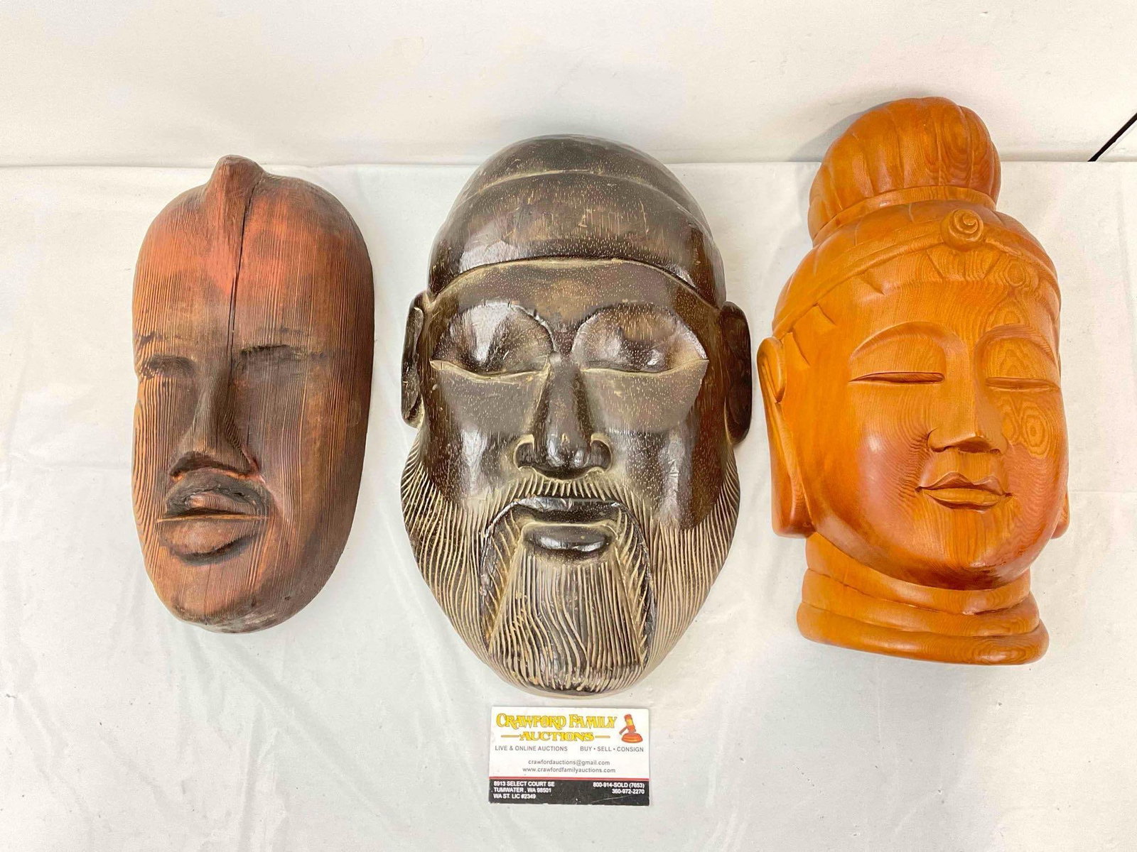 3 pcs Vintage Hand Carved Wooden Masks, incl. Taiwanese Buddha Face & More! See pics.: 3 pcs Vintage Hand Carved Wooden Masks, incl. Taiwanese Buddha Face & More! Minor wear indicative of age, condition is otherwise very good. Largest measures 9" x 4" x 13" DM-5360 *Oversized shippi