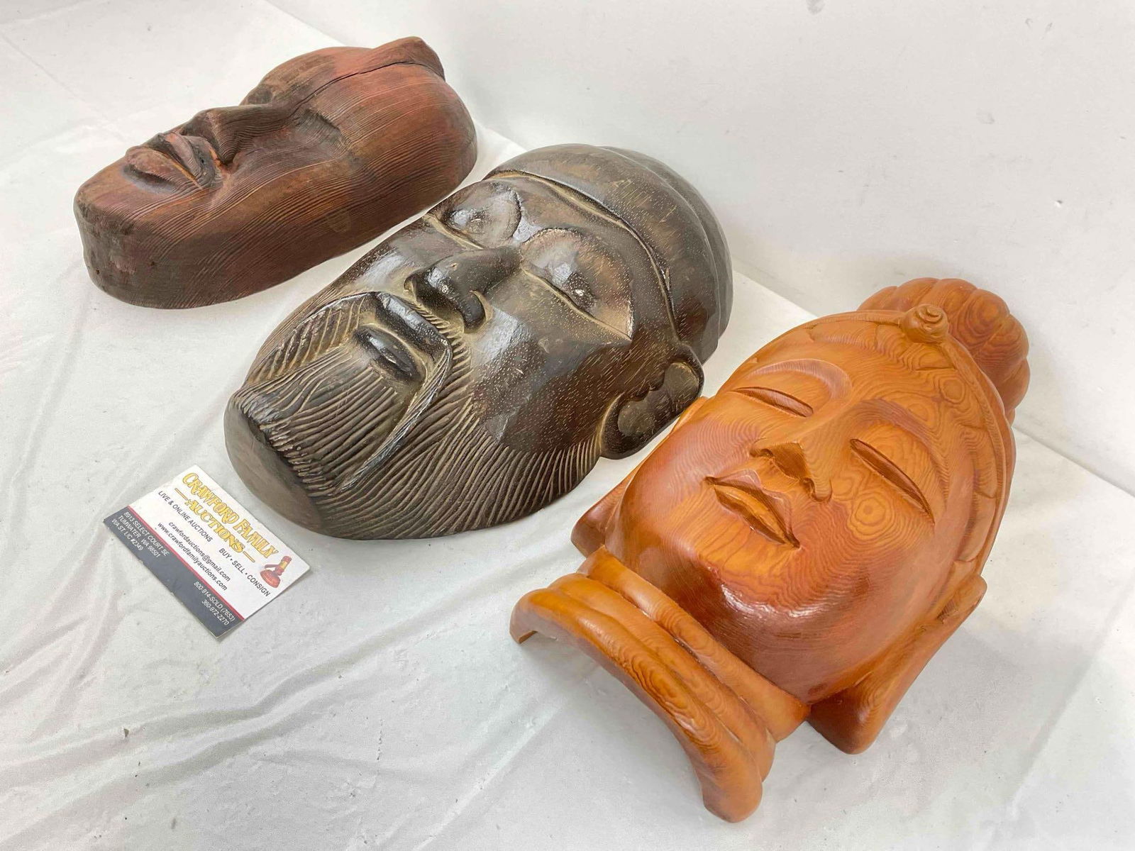 3 pcs Vintage Hand Carved Wooden Masks, incl. Taiwanese Buddha Face & More! See pics. - 3