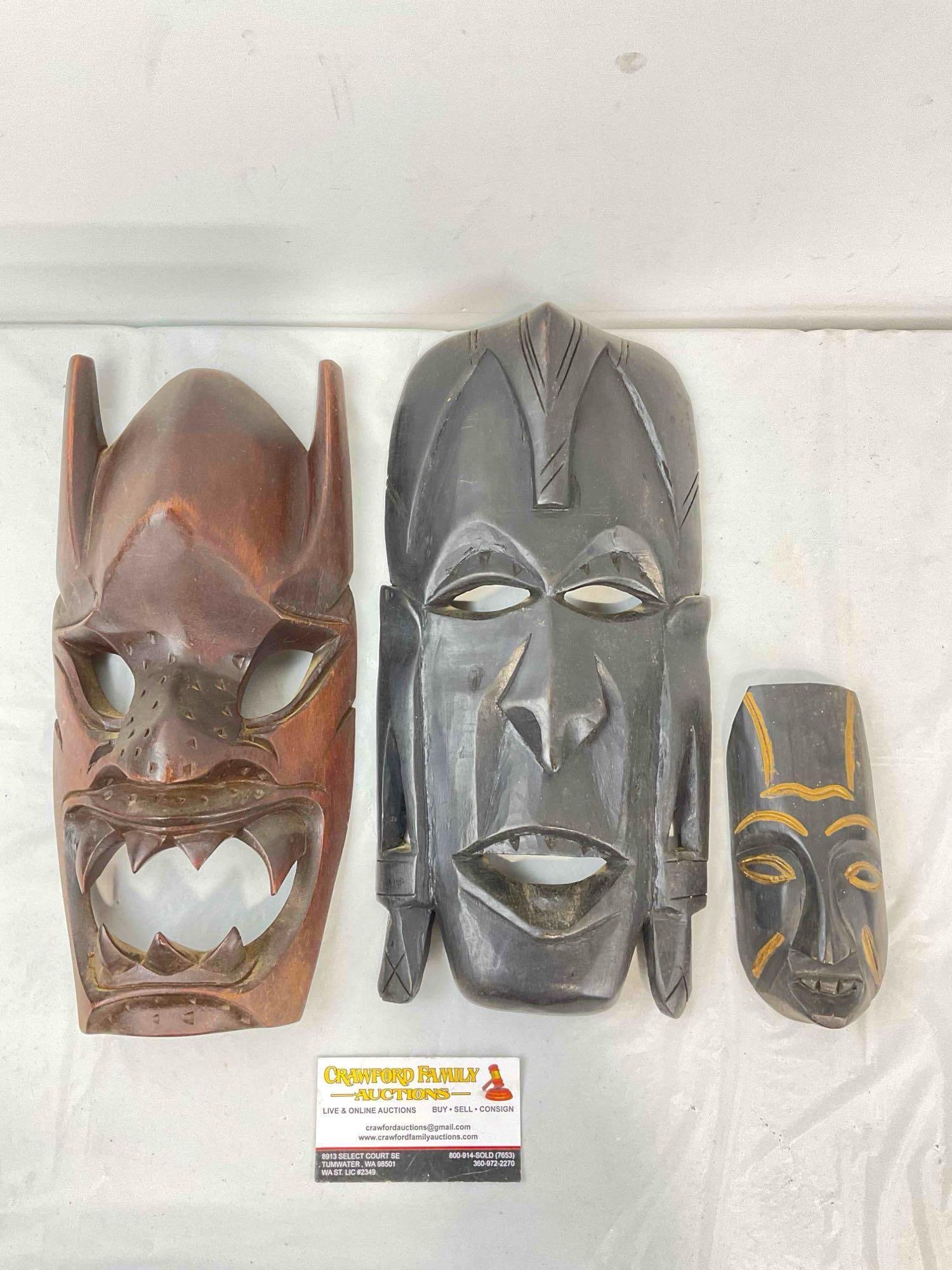 3 pcs Vintage Hand Carved Wooden Masks, incl. 1x Made in Philippines Snarling Face. See pics. (1 of 7)