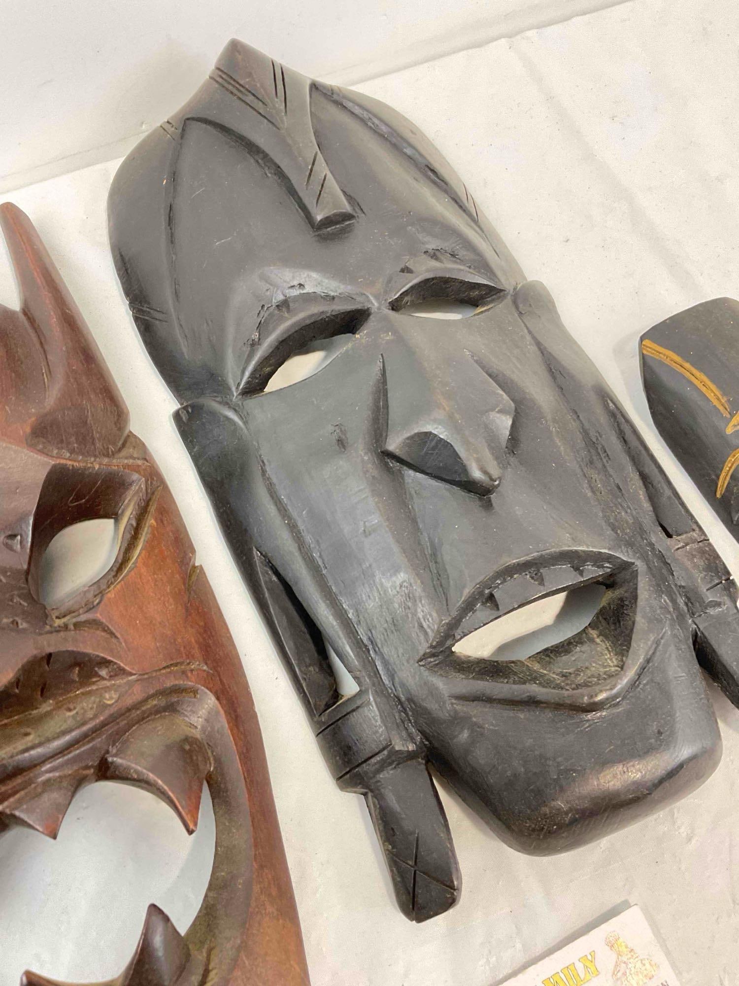 3 pcs Vintage Hand Carved Wooden Masks, incl. 1x Made in Philippines Snarling Face. See pics. - 3