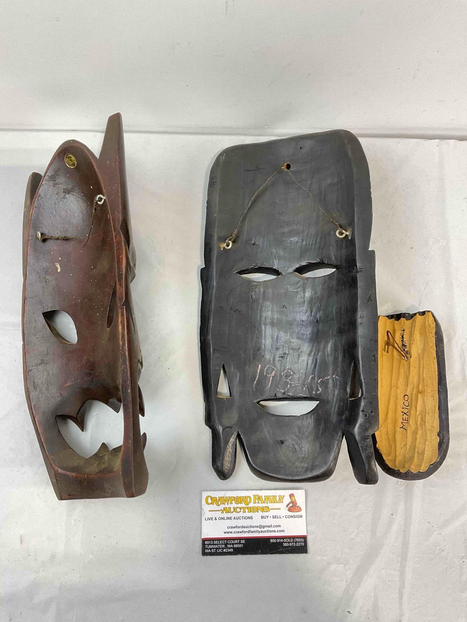 3 pcs Vintage Hand Carved Wooden Masks, incl. 1x Made in Philippines Snarling Face. See pics. - 5