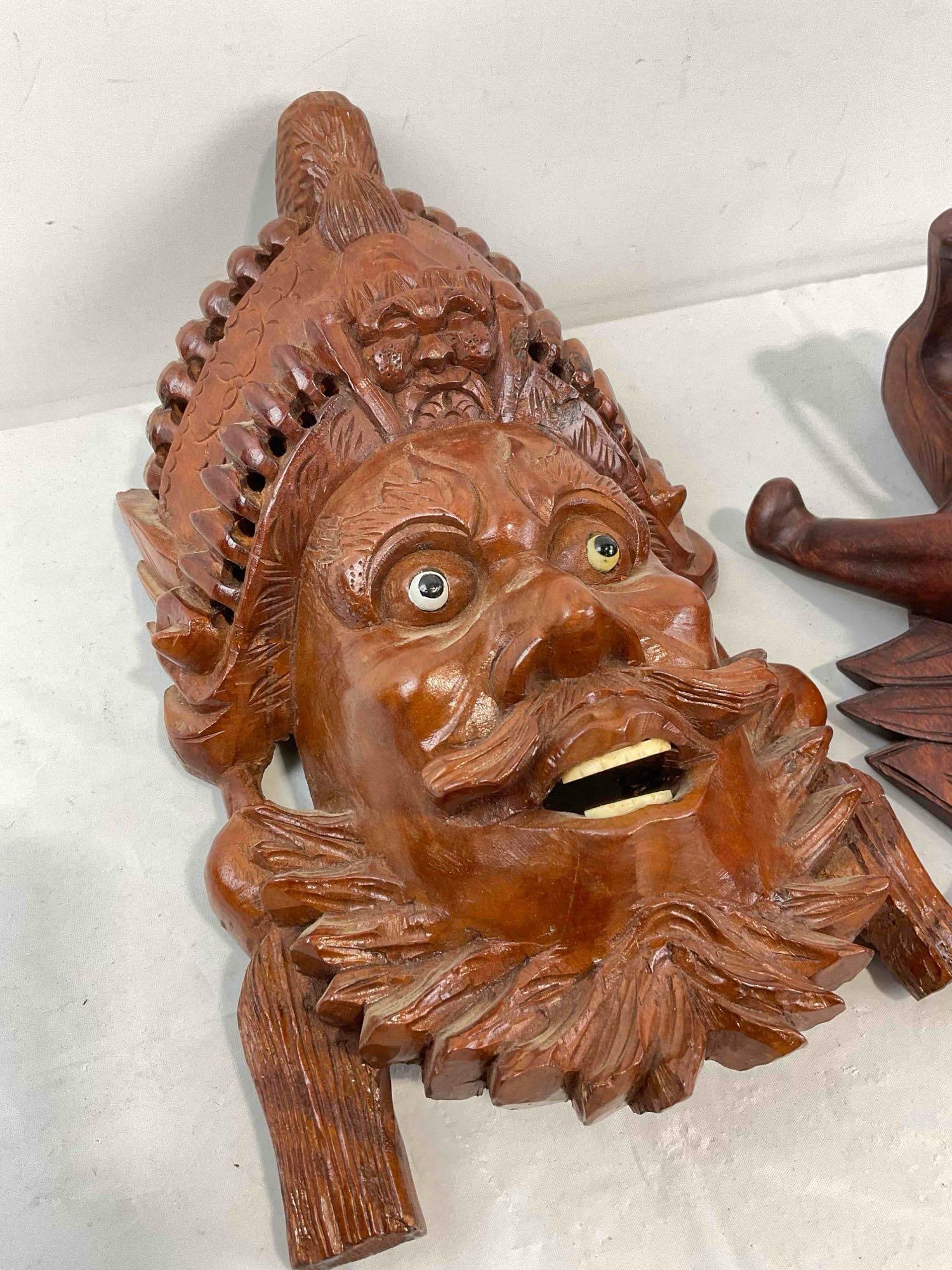 2 pcs Vintage Carved Asian Style Face Masks w/ Inset Glass Eyes, incl. Naga? Very Good Cond. - 2