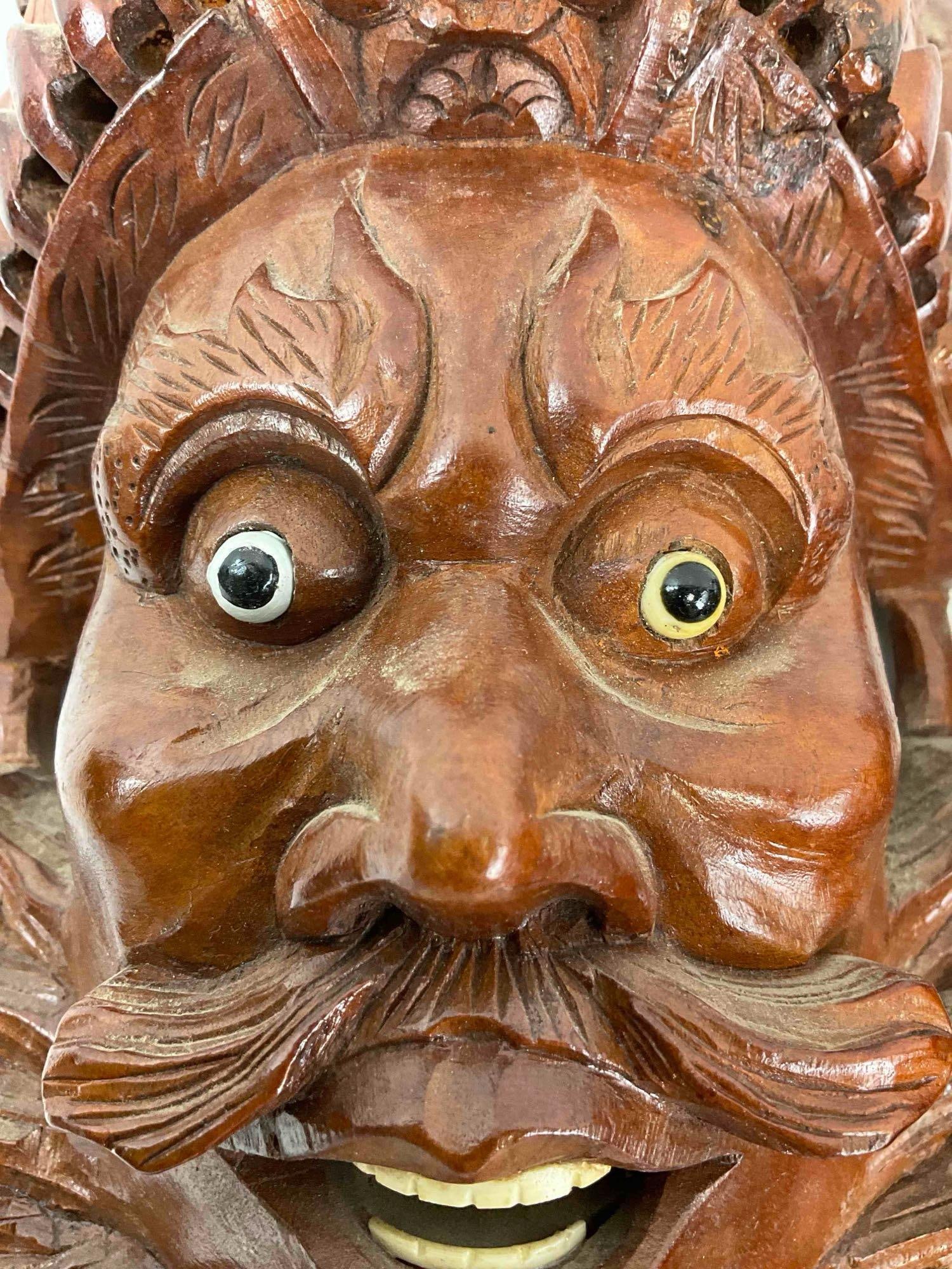 2 pcs Vintage Carved Asian Style Face Masks w/ Inset Glass Eyes, incl. Naga? Very Good Cond. - 5