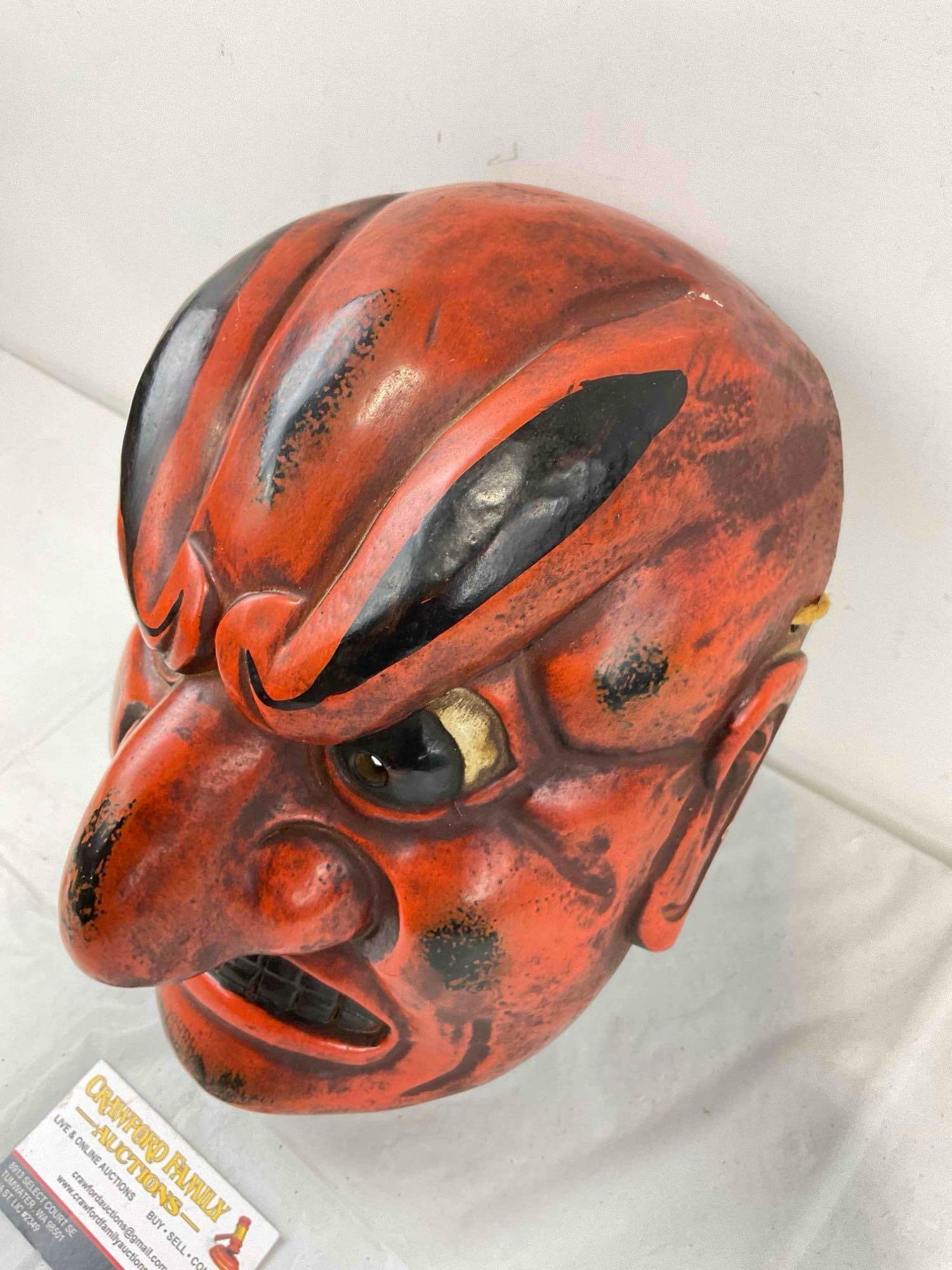 Vintage Japanese Carved & Painted Wood Noh Sanju Red Warrior Mask. Very Good Condition. - 3