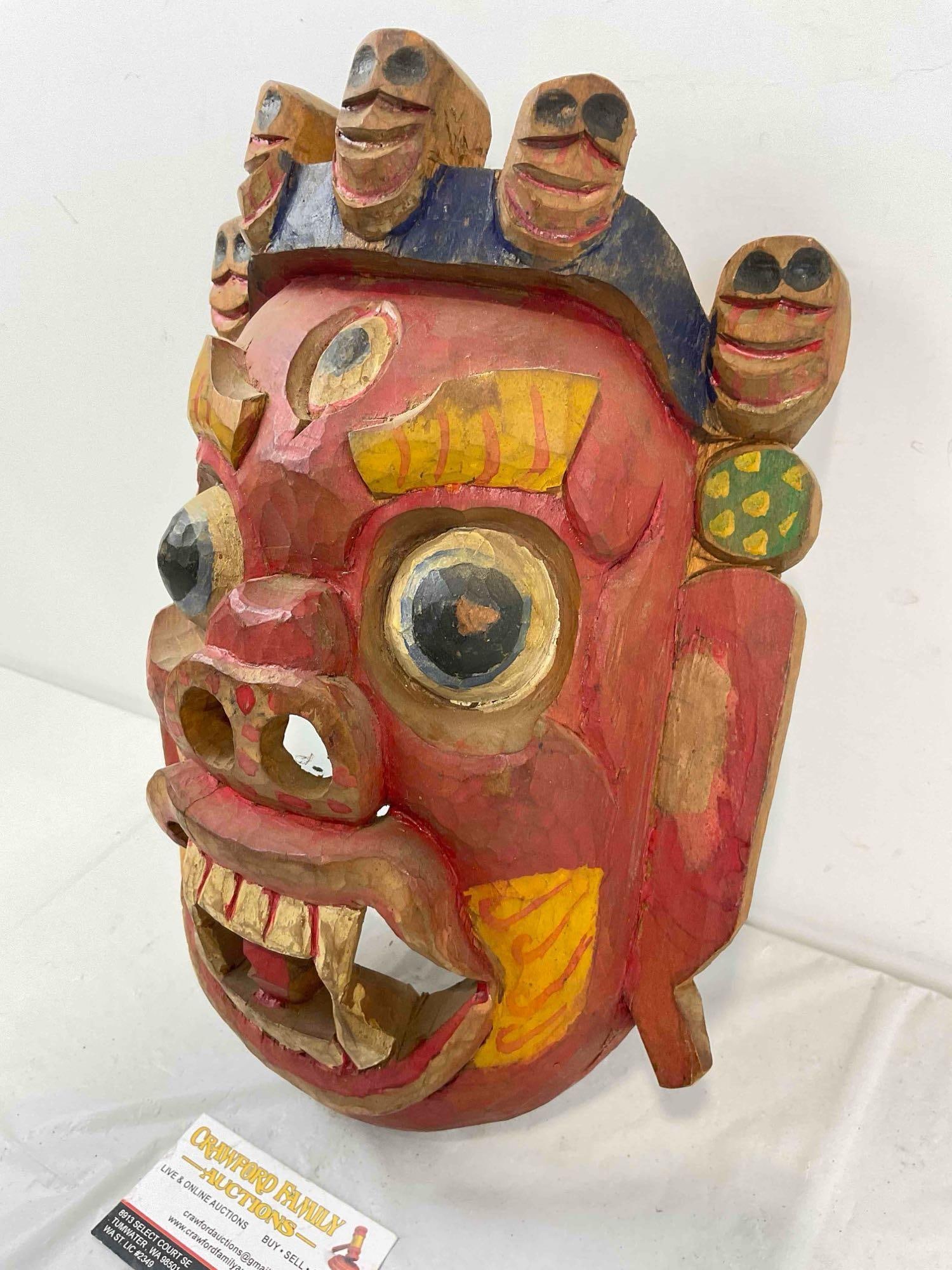 Vintage Made in India Carved & Painted Wooden Mask of Hindu God Bhairab, The Terrible One. - 2