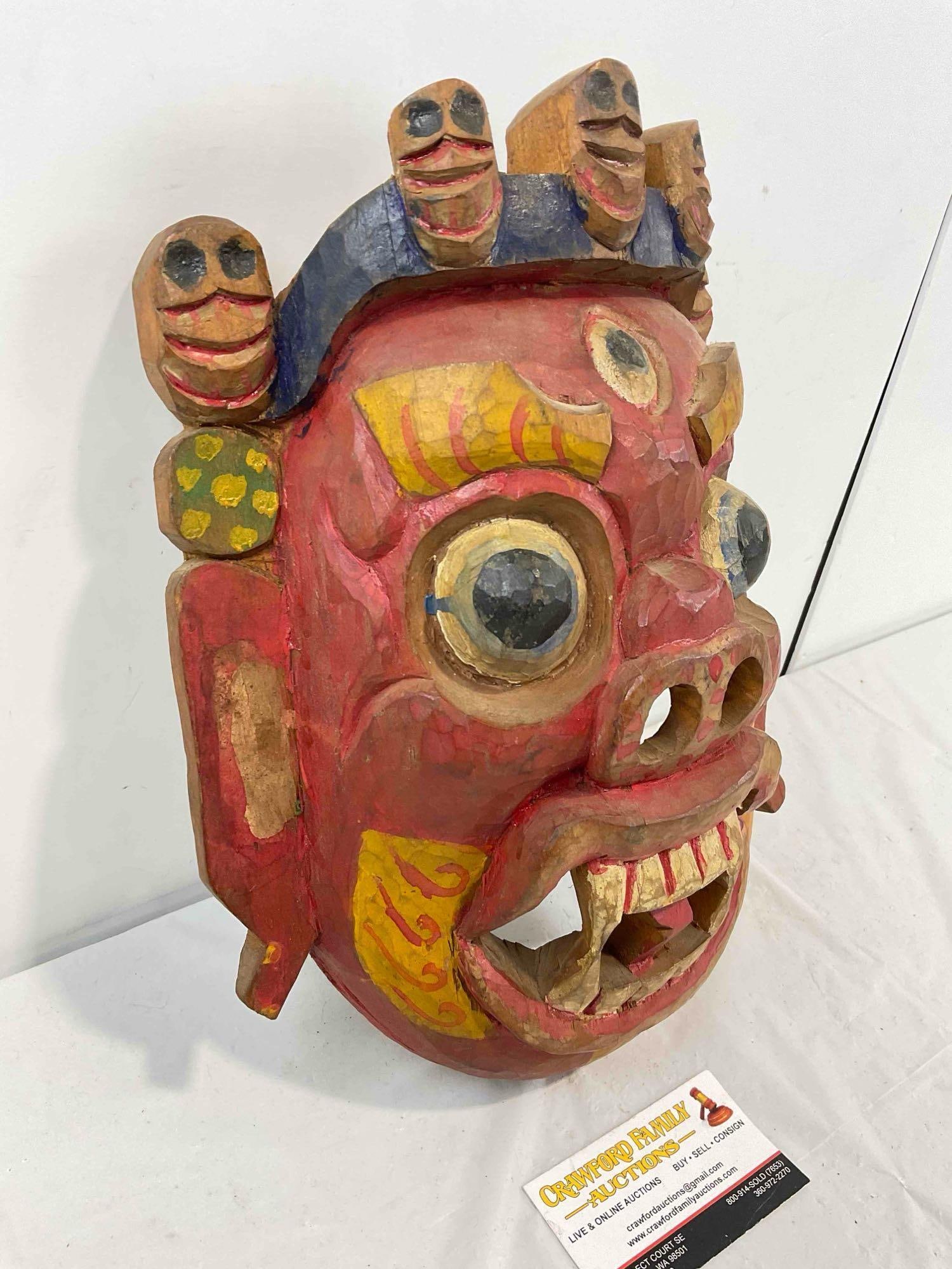 Vintage Made in India Carved & Painted Wooden Mask of Hindu God Bhairab, The Terrible One. - 3