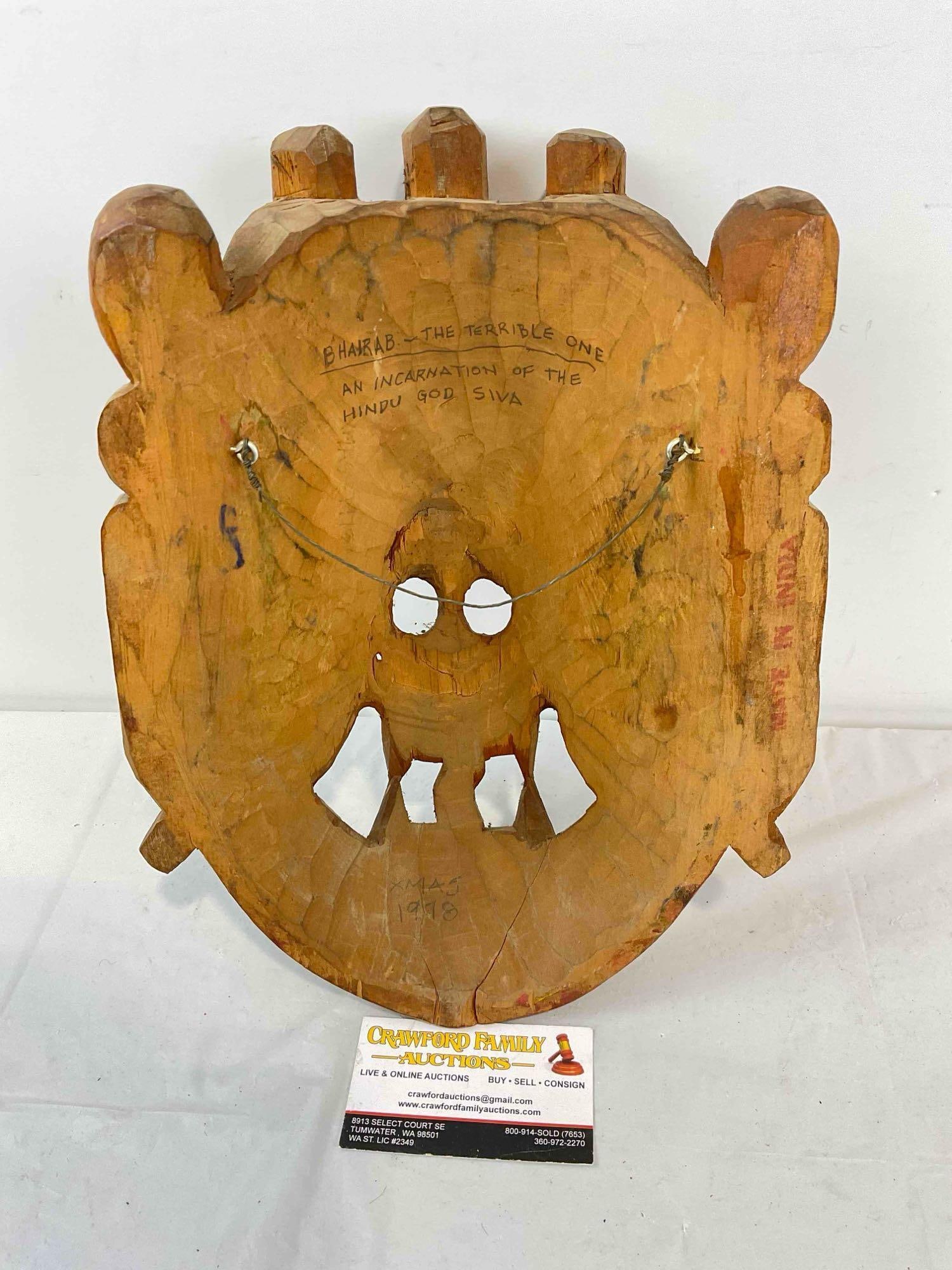 Vintage Made in India Carved & Painted Wooden Mask of Hindu God Bhairab, The Terrible One. - 4