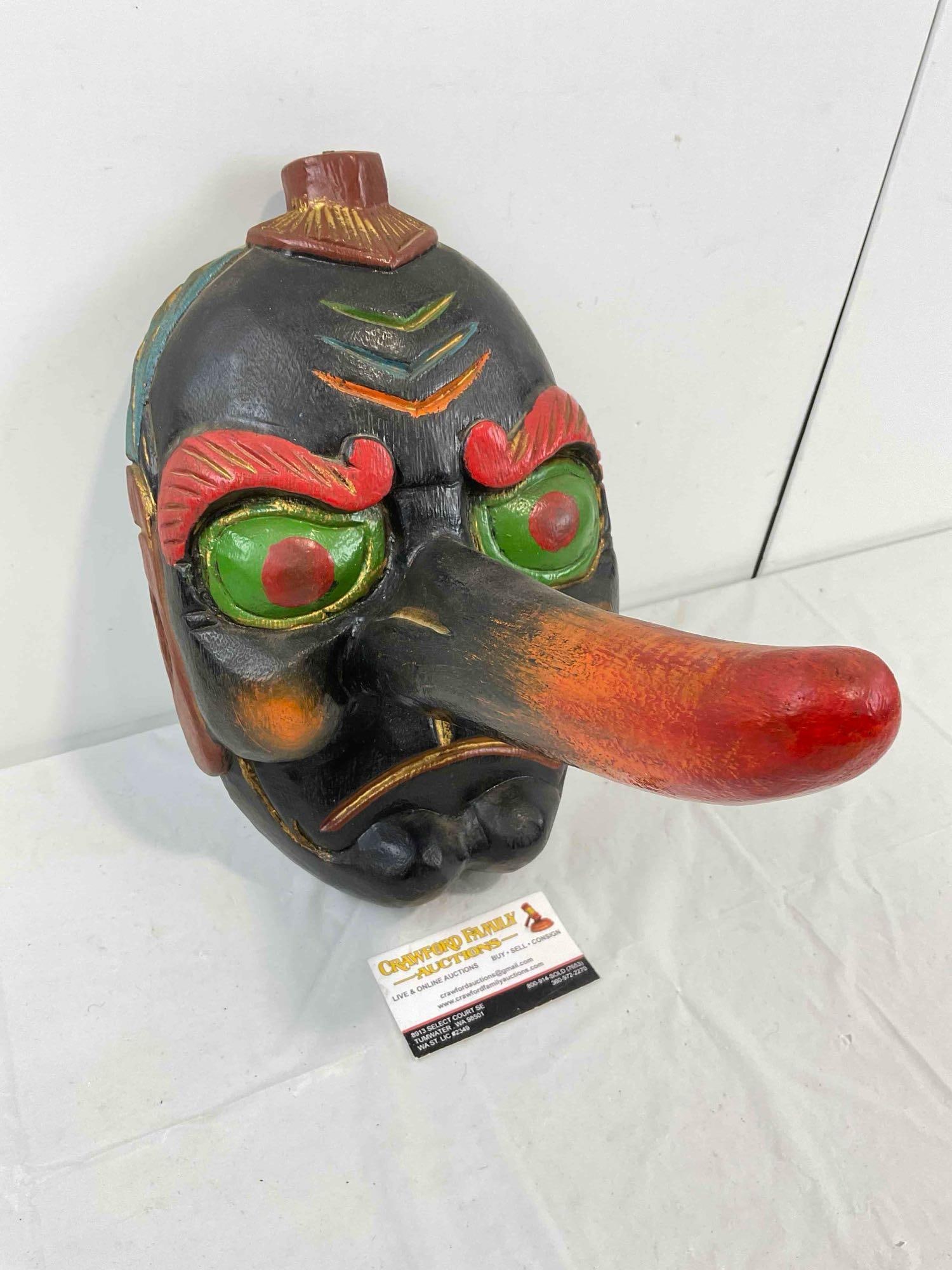 Vintage Made in Thailand Carved & Painted Mask w/ Long Nose, Tengu? Very Good Condition.: Vintage Made in Thailand Carved & Painted Mask w/ Long Nose, Tengu? Very Good Condition. Minor wear indicative of age, condition is otherwise very good. Measures 8" x 13" x 12" DM-5360 