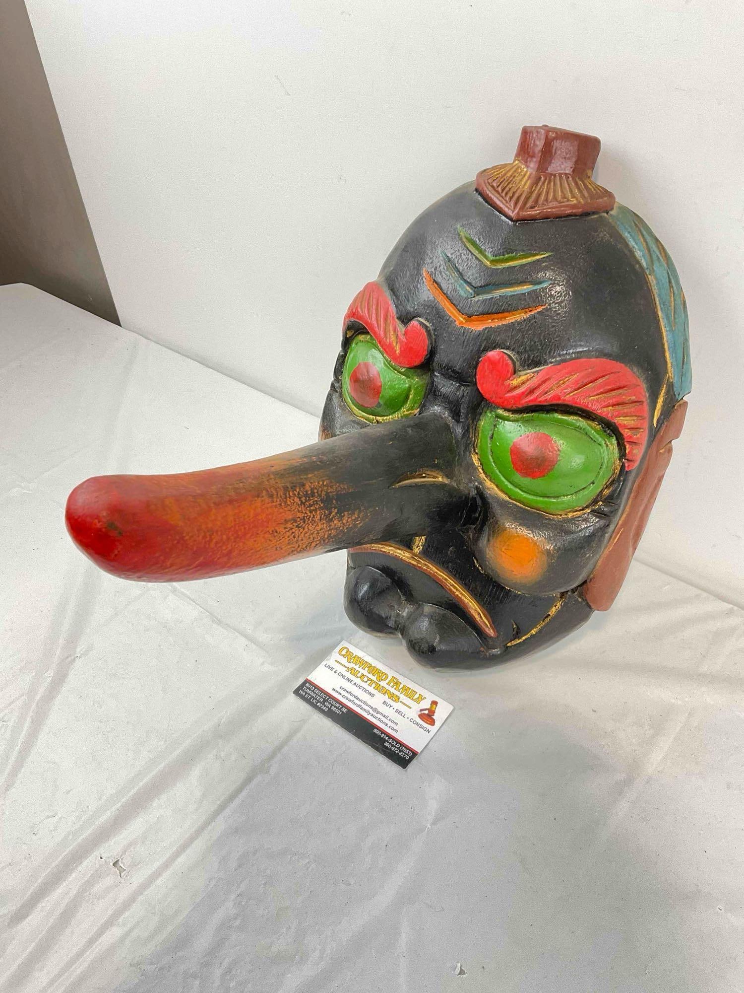 Vintage Made in Thailand Carved & Painted Mask w/ Long Nose, Tengu? Very Good Condition. - 2