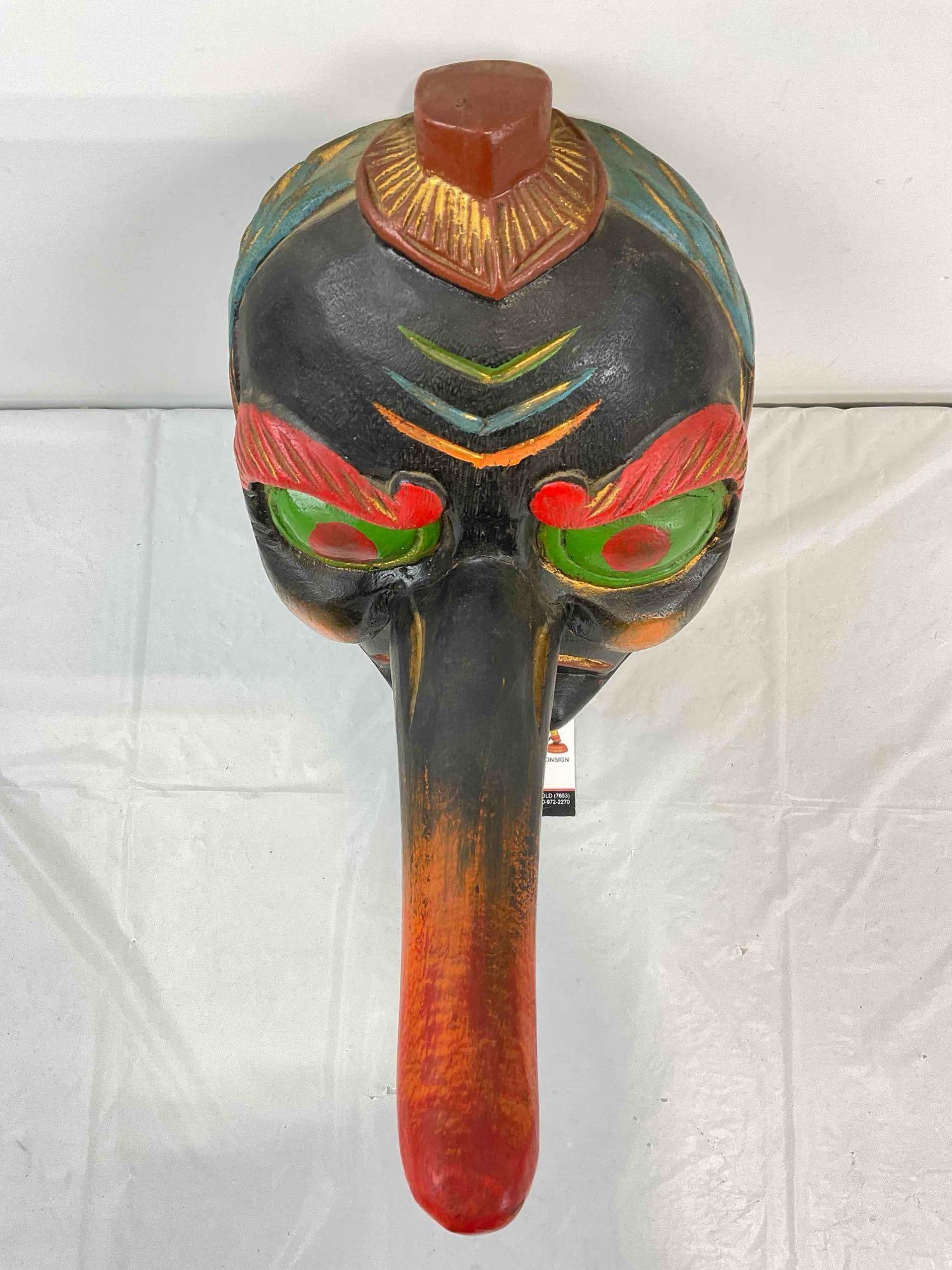 Vintage Made in Thailand Carved & Painted Mask w/ Long Nose, Tengu? Very Good Condition. - 3