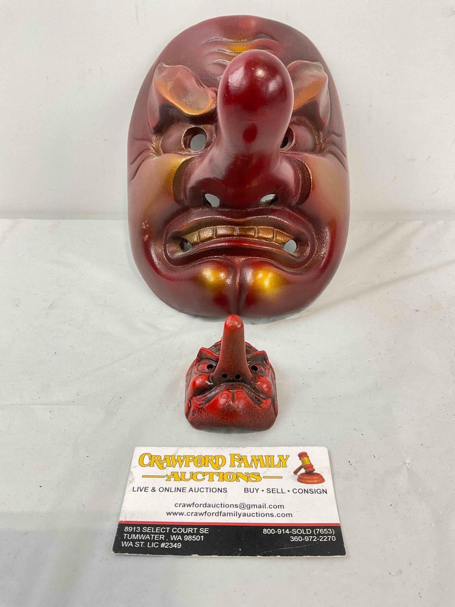 2 pcs Vintage Red Painted Metal Japanese? Long Nose Tengu Masks. Very Good Condition.: 2 pcs Vintage Red Painted Metal Japanese? Long Nose Tengu Masks. Very Good Condition. Minor wear indicative of age, condition is otherwise very good. Largest measures 7" x 8" x 8" DM-5360 *Oversized