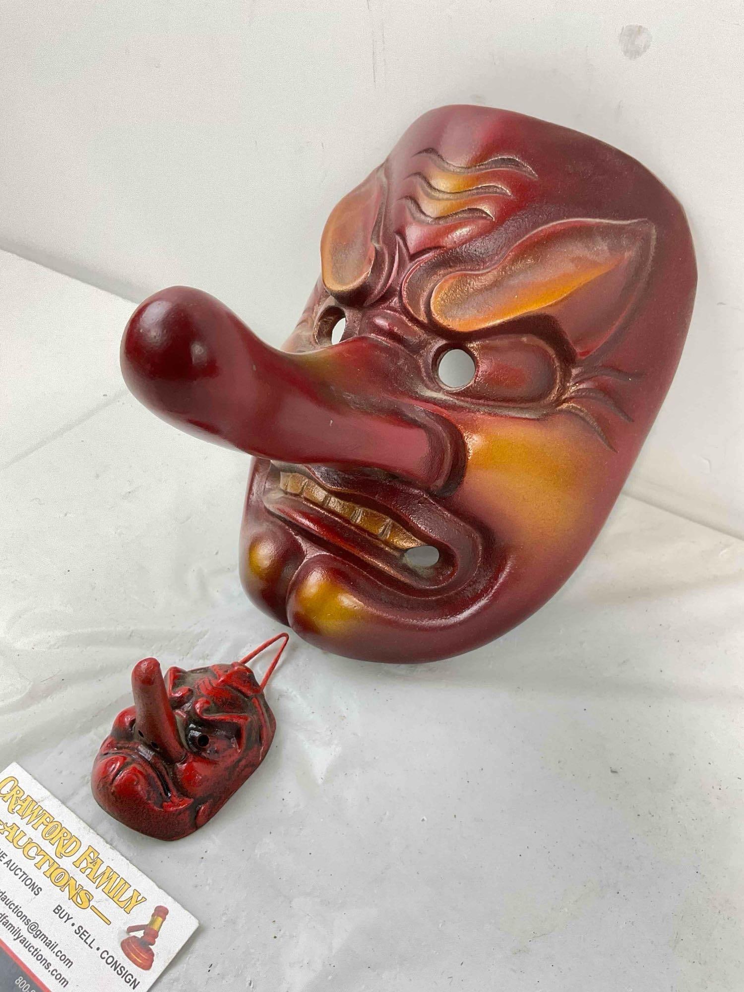 2 pcs Vintage Red Painted Metal Japanese? Long Nose Tengu Masks. Very Good Condition. - 2