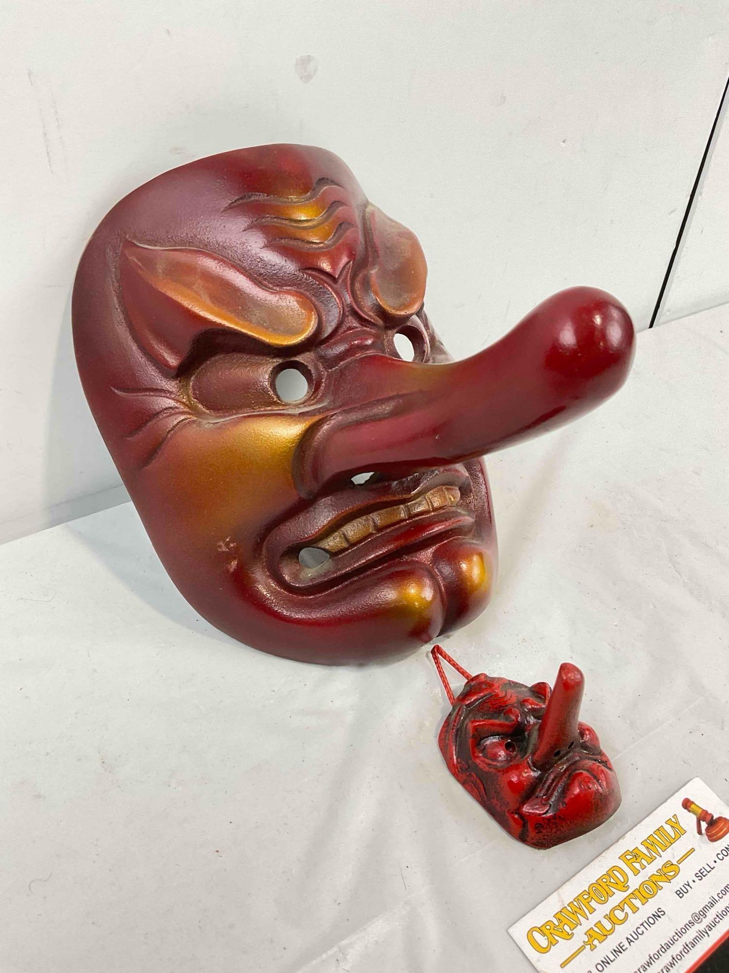 2 pcs Vintage Red Painted Metal Japanese? Long Nose Tengu Masks. Very Good Condition. - 3