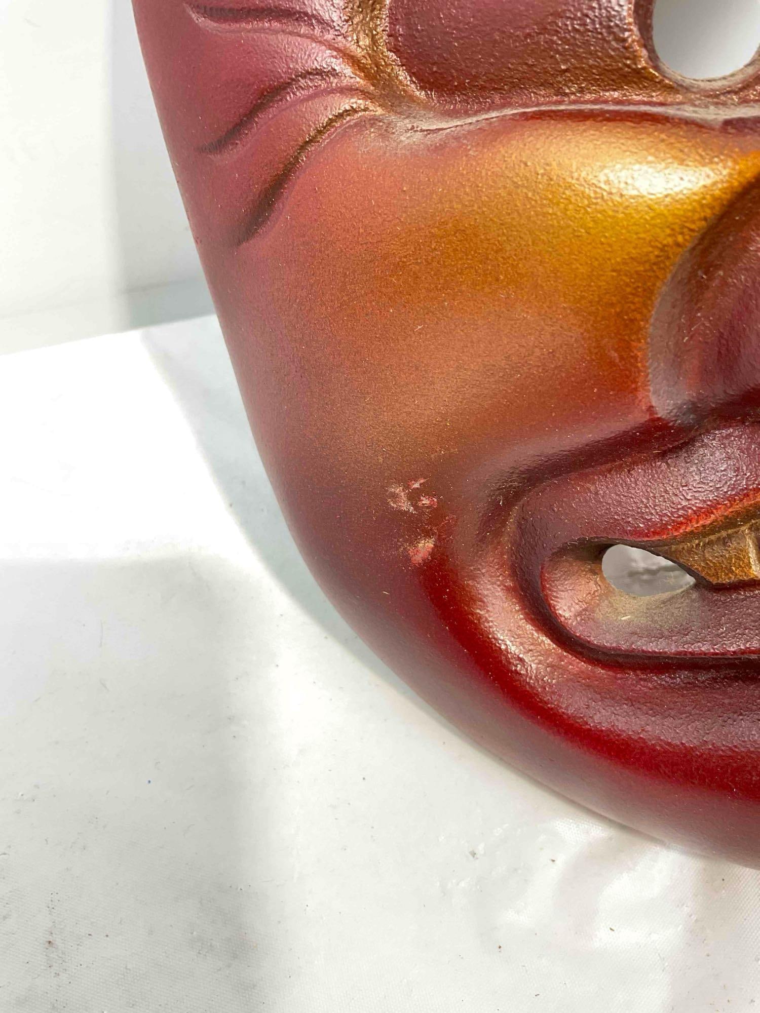 2 pcs Vintage Red Painted Metal Japanese? Long Nose Tengu Masks. Very Good Condition. - 4