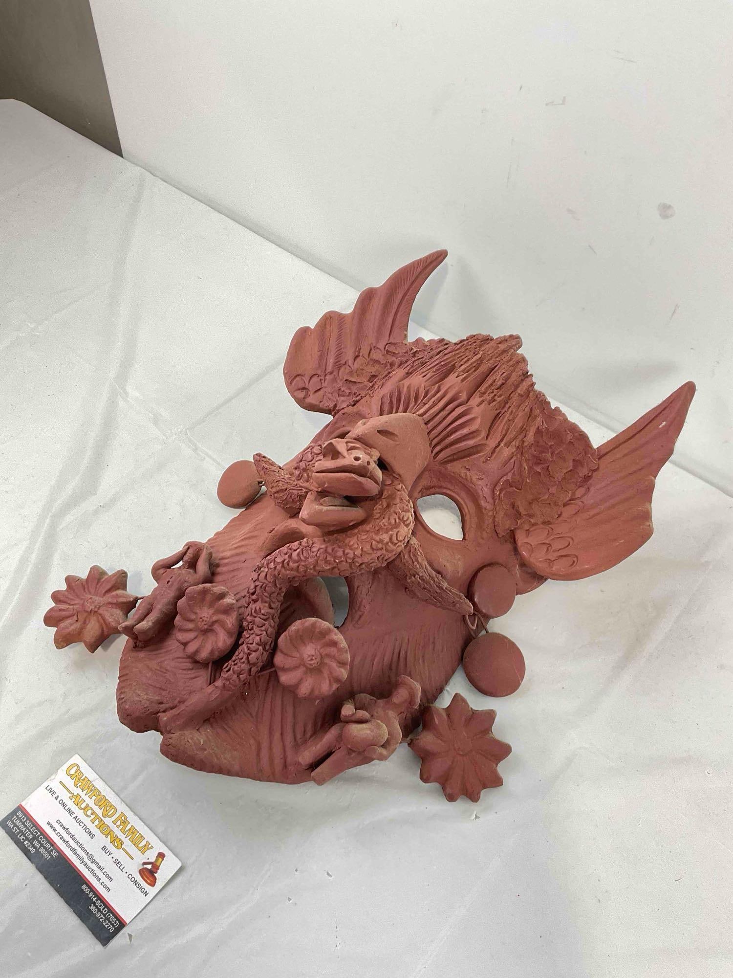 Vintage Ornate Mazatlan Mexico Red Clay Pottery Festival Mask. Very Good Condition. See pics. - 2