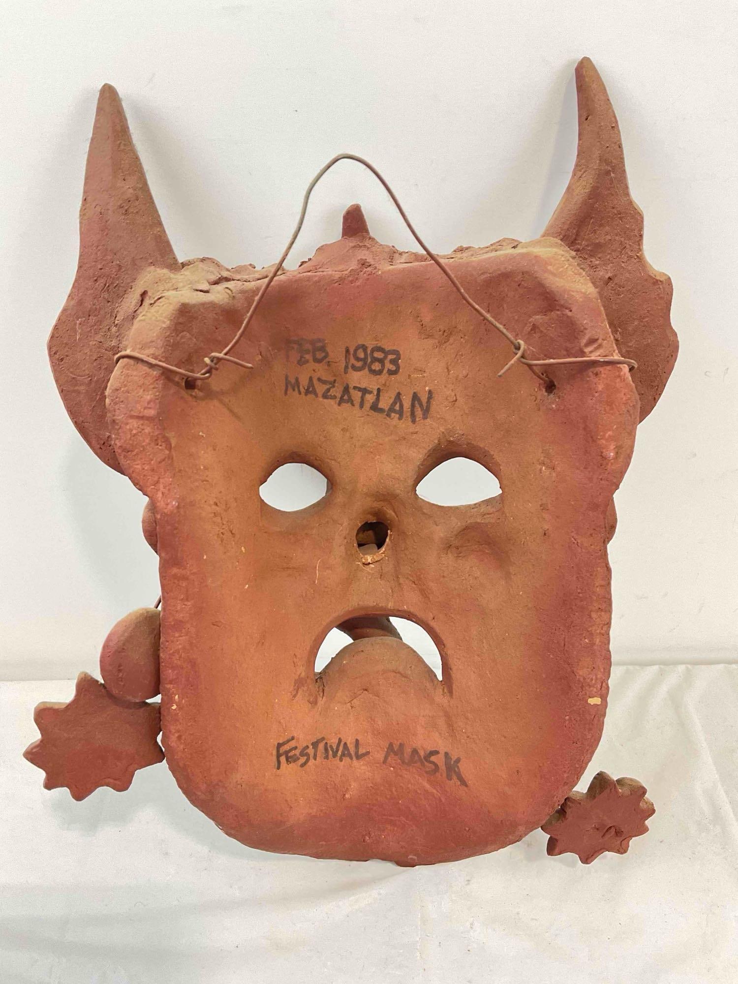 Vintage Ornate Mazatlan Mexico Red Clay Pottery Festival Mask. Very Good Condition. See pics. - 5