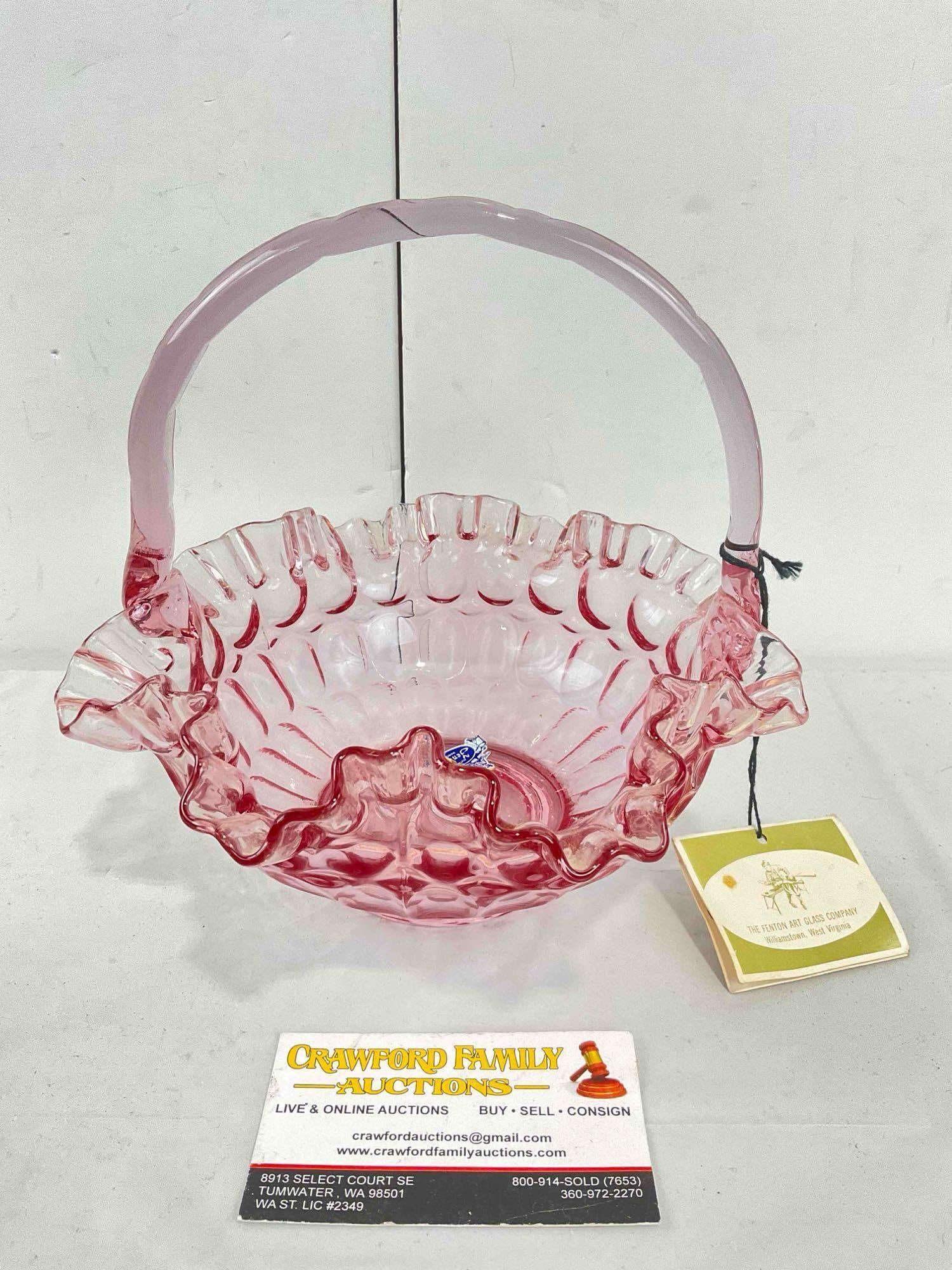 Beautiful Vintage Fenton Pink Ruffled Art Glass Basket w/ Original Tags & Sticker. Excellent Cond.: Beautiful Vintage Fenton Pink Ruffled Art Glass Basket w/ Original Tags & Sticker. Excellent Condition. Measures 8" x 8" x 8" DM-5360 