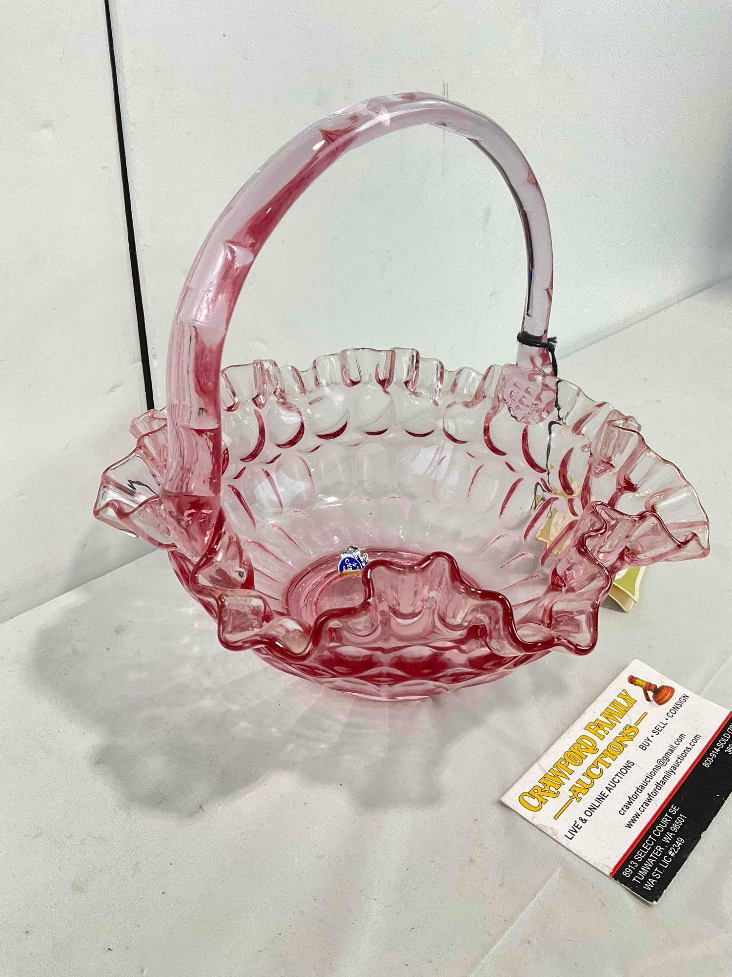 Beautiful Vintage Fenton Pink Ruffled Art Glass Basket w/ Original Tags & Sticker. Excellent Cond. - 2