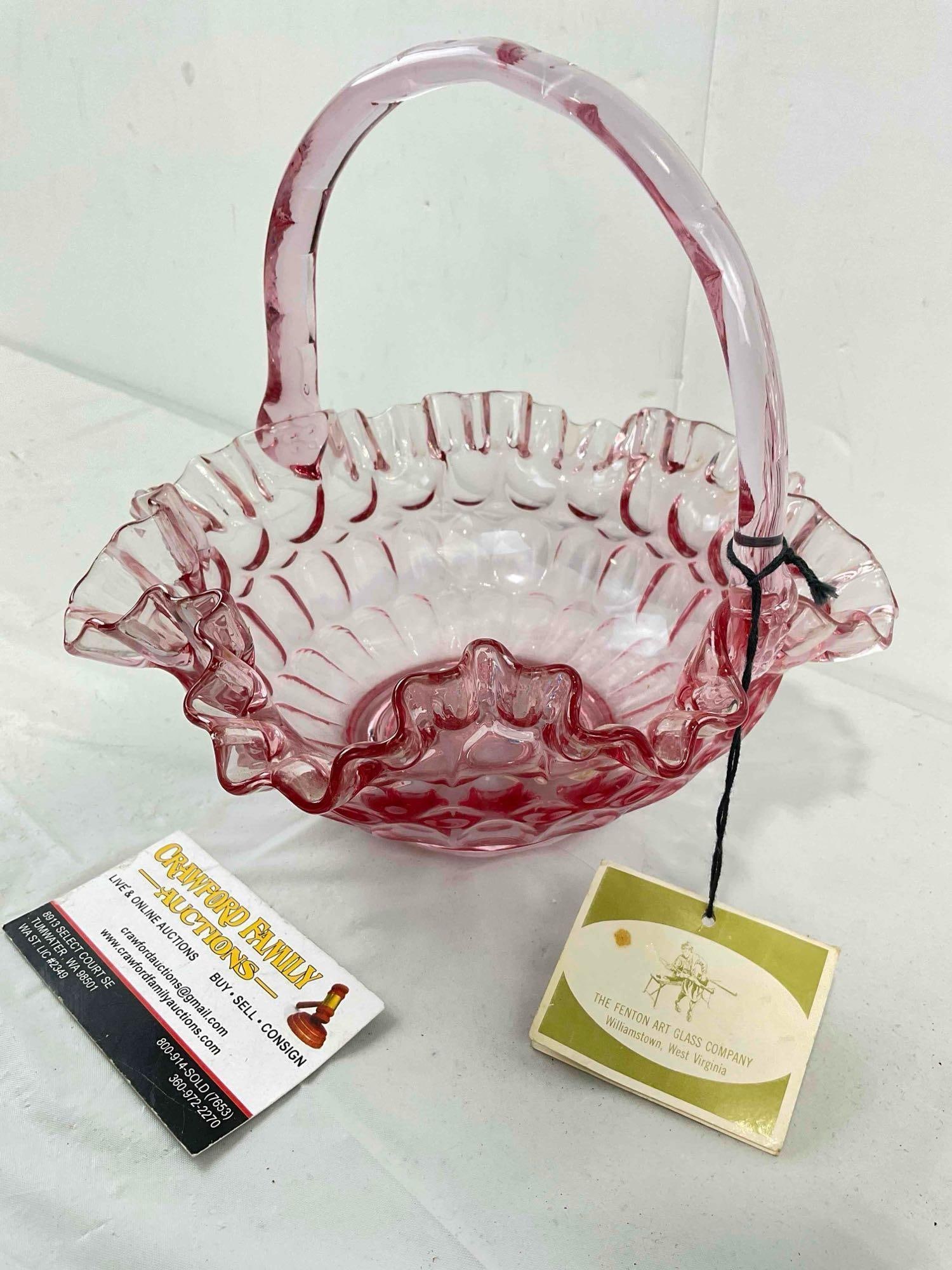 Beautiful Vintage Fenton Pink Ruffled Art Glass Basket w/ Original Tags & Sticker. Excellent Cond. - 3