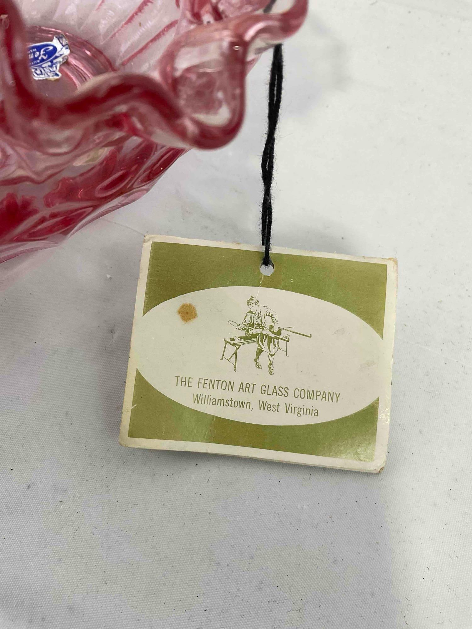 Beautiful Vintage Fenton Pink Ruffled Art Glass Basket w/ Original Tags & Sticker. Excellent Cond. - 4