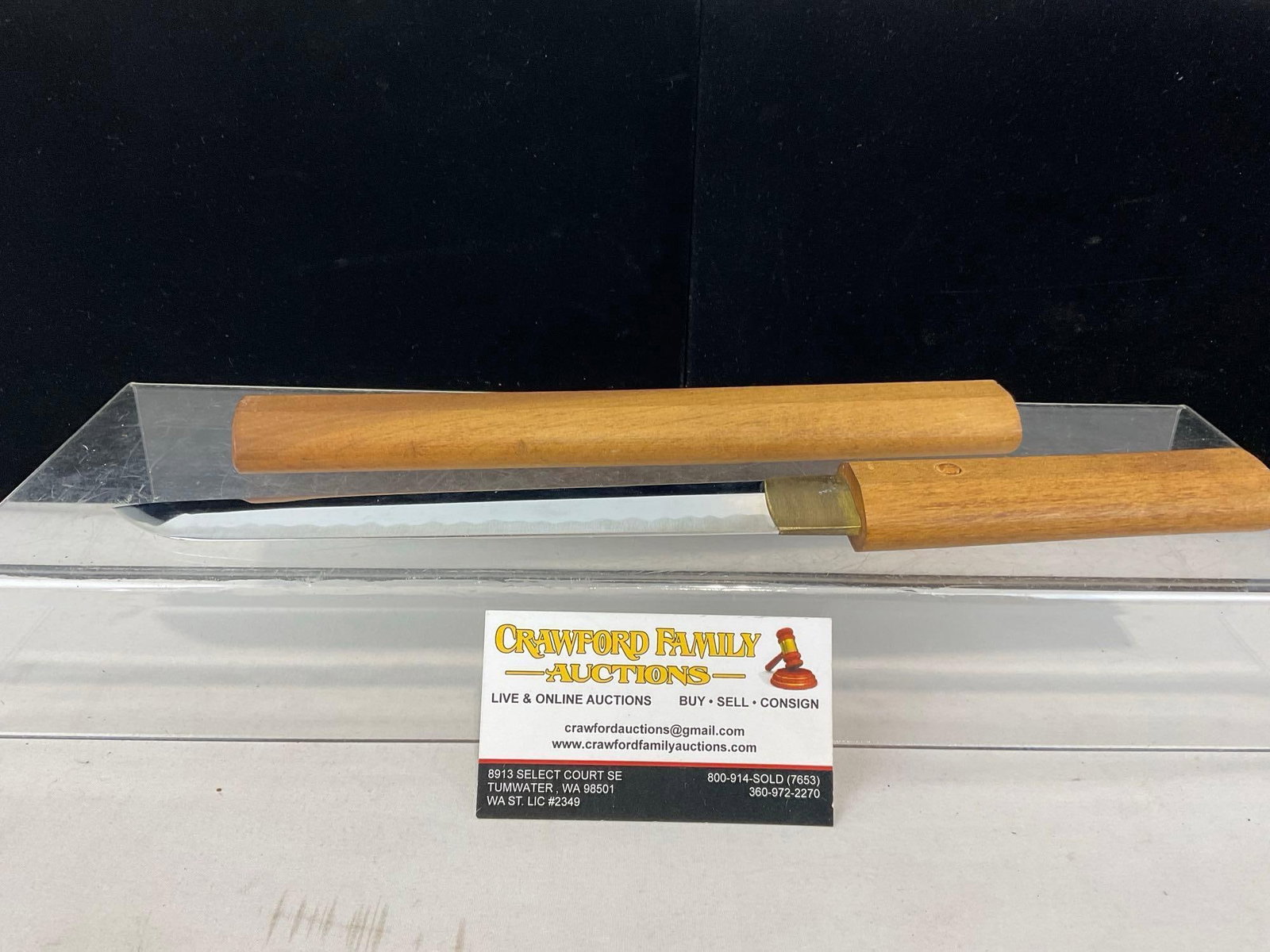 Japanese Tanto Short Sword/Knife in Plain Wooden Storage Shirasaya Scabbard, 14h x 3w x 2d inches: Appears to be in good shape. The piece measures approx 14h x 3w x 2d inches. See pics. E-5360 