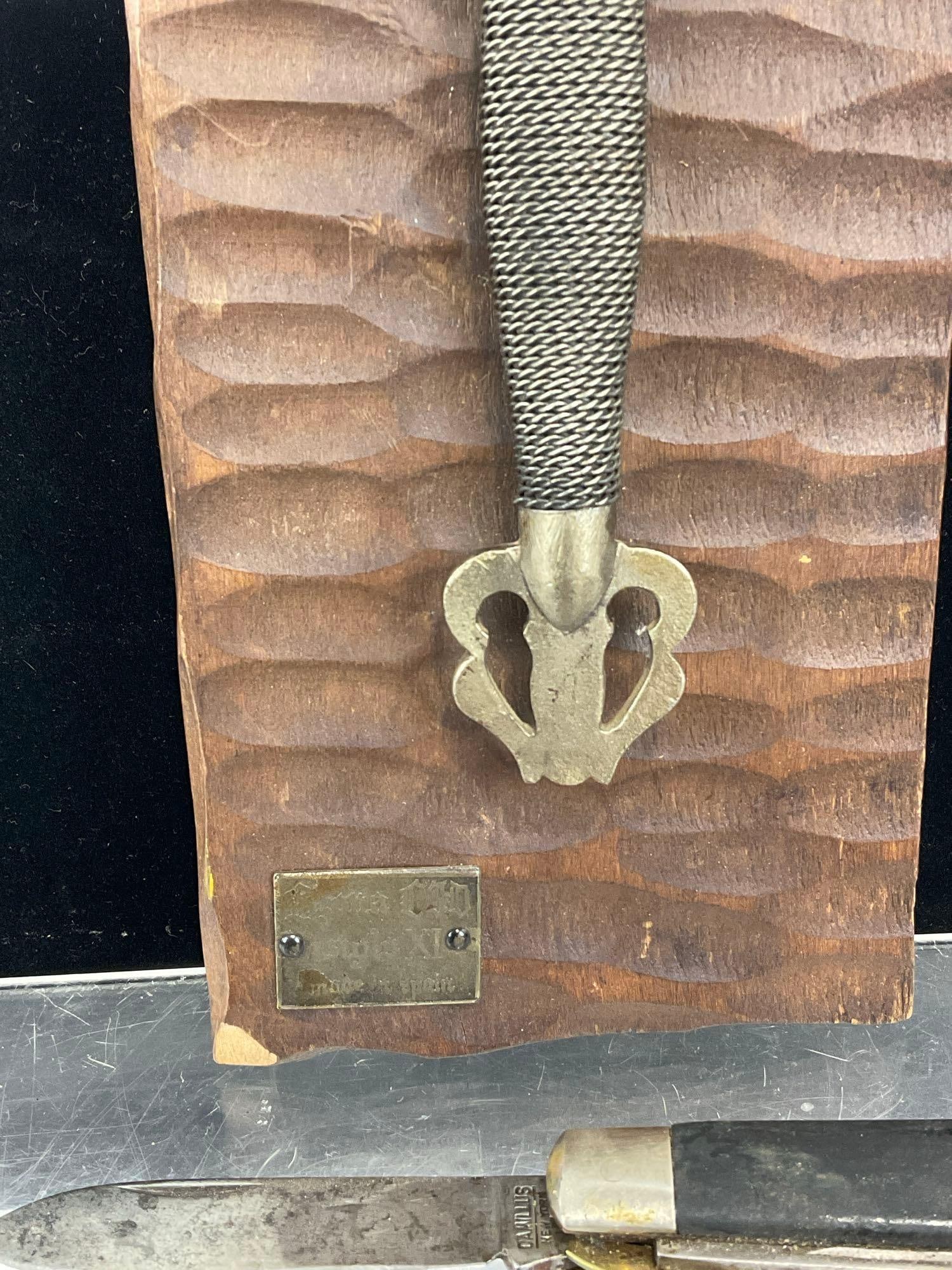 Spanish Replica Knife on Plaque, Diamondine Detail Straight Edge Razor, & Pair of Folding Knives - 5