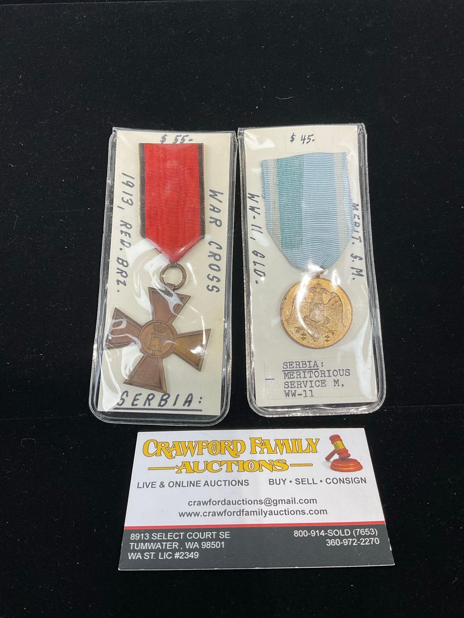 Pair of Serbian Medals, 1913 Red Bronze War Cross & WW2 Meritorious Service Medal: All from a single collection, these are briefly described on the tag and were kept in a display. They measure approx 6h x 3w x 2d inches. See pics. E-5300 