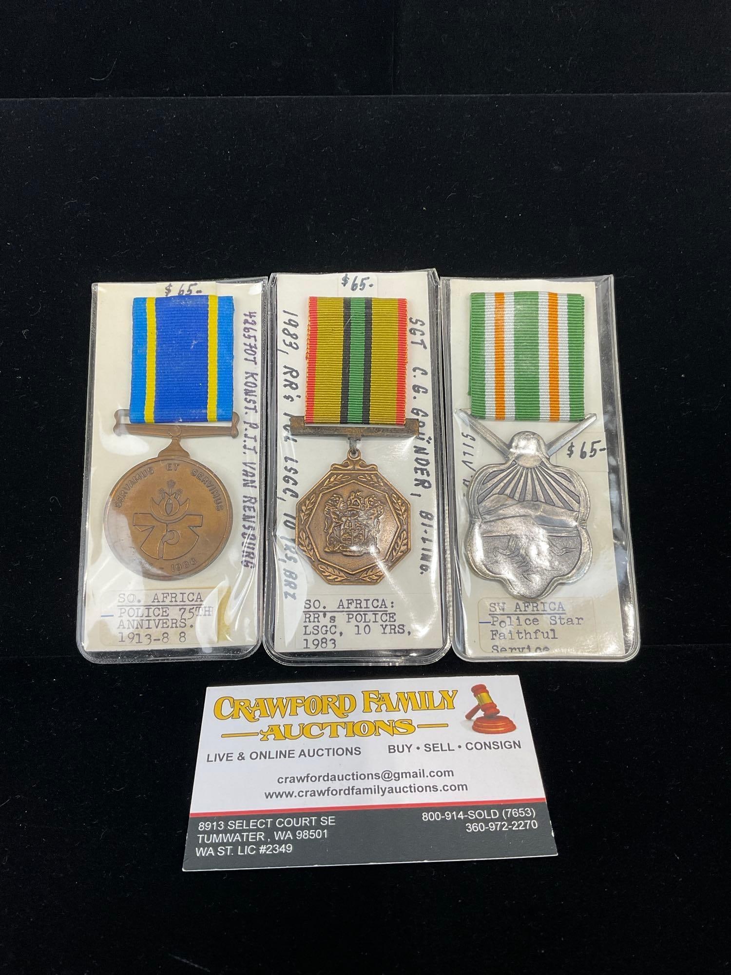 3 South African Medals, Police Star Faith. Serv, RR Police LSGC 10yrs 1983 & Police 75th anniv 1913: All from a single collection, these are briefly described on the tag and were kept in a display. They measure approx 6h x 3w x 2d inches. See pics. E-5300