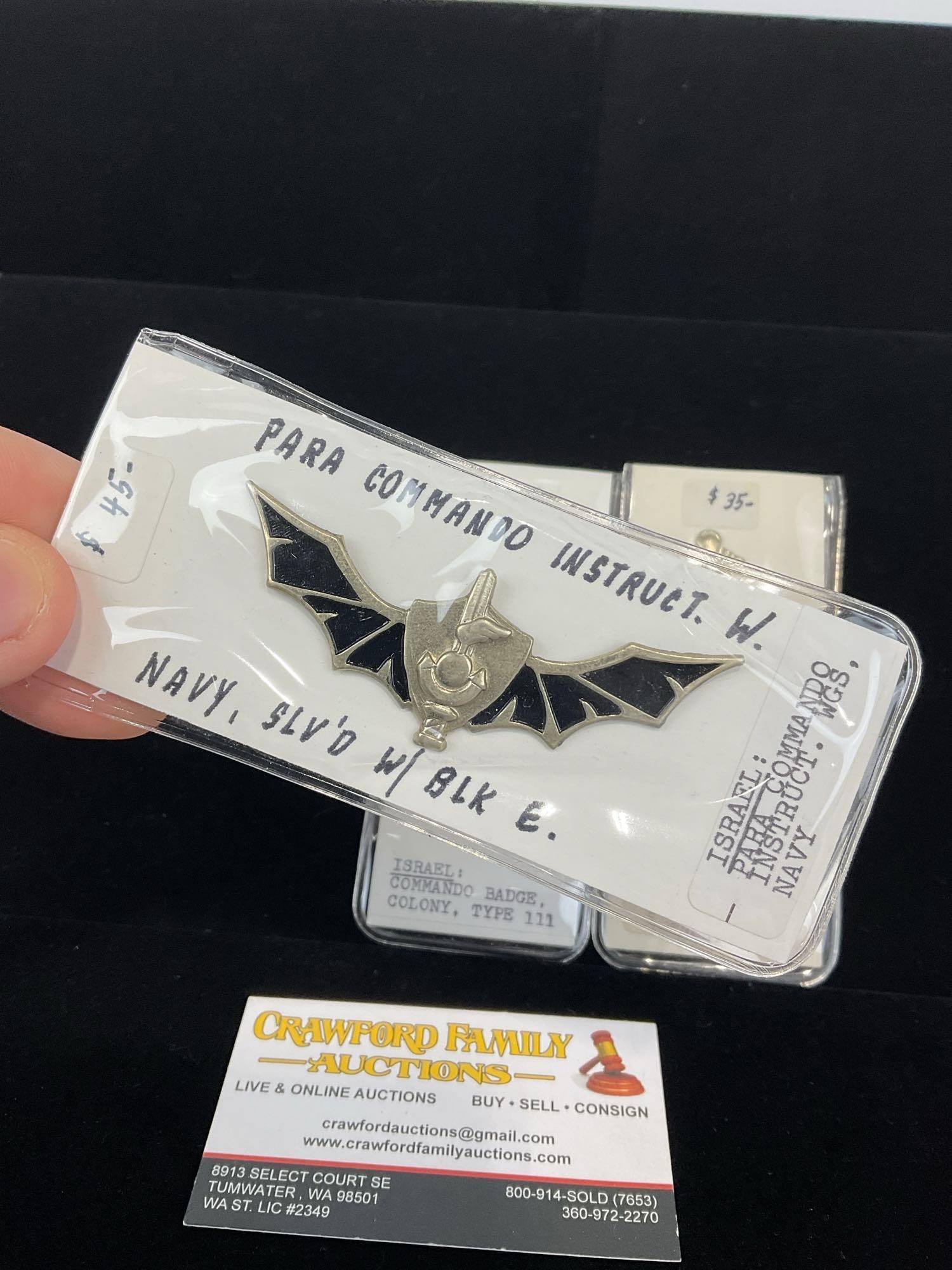 3 Israeli Commando Badges, Para Com. Instructor, Colony Type 3 & Breast Badge 1990s - 2