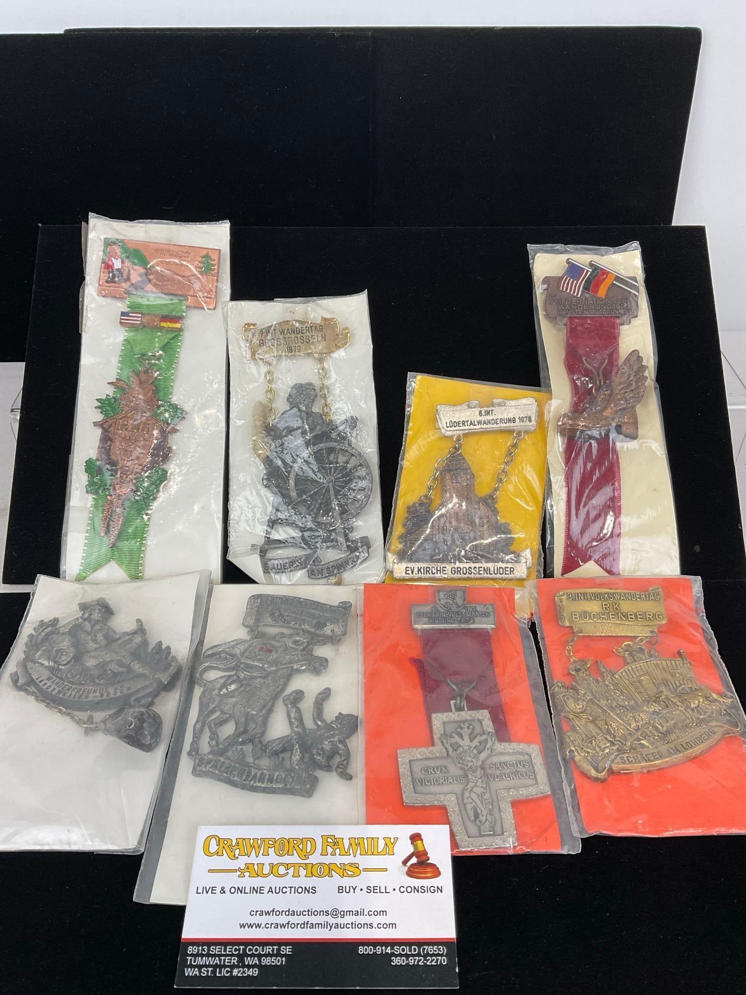 8 US German Walking Wandering Club Medals, variety of styles: All from a single collection, these are briefly described on the tag and were kept in a display. They measure approx 6h x 3w x 2d inches. See pics. E-5300