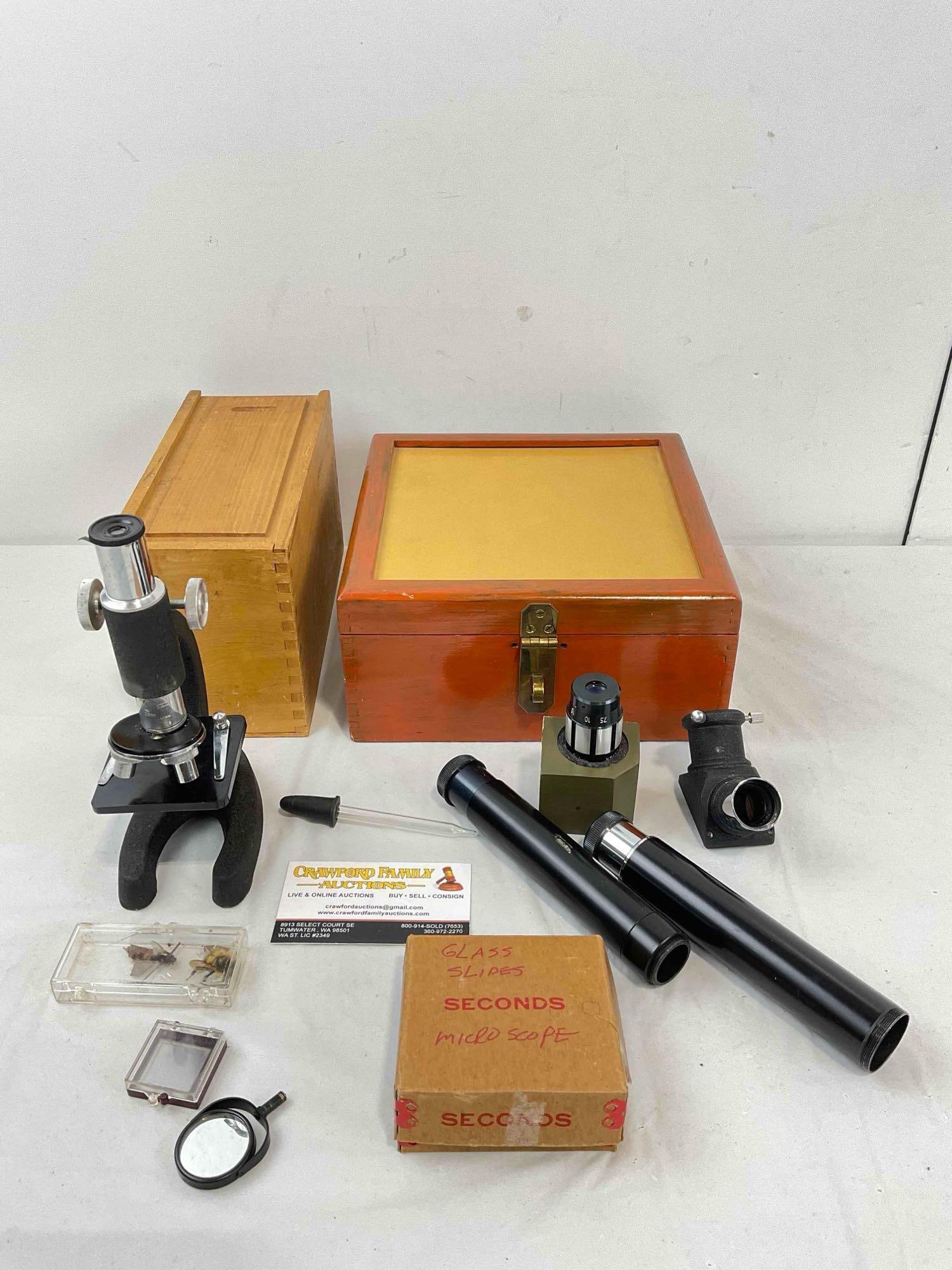 12 pcs Vintage Microscope w/ Accessories, incl. Barlow 3x & Unused Glass Slides. See pics. (1 of 7)