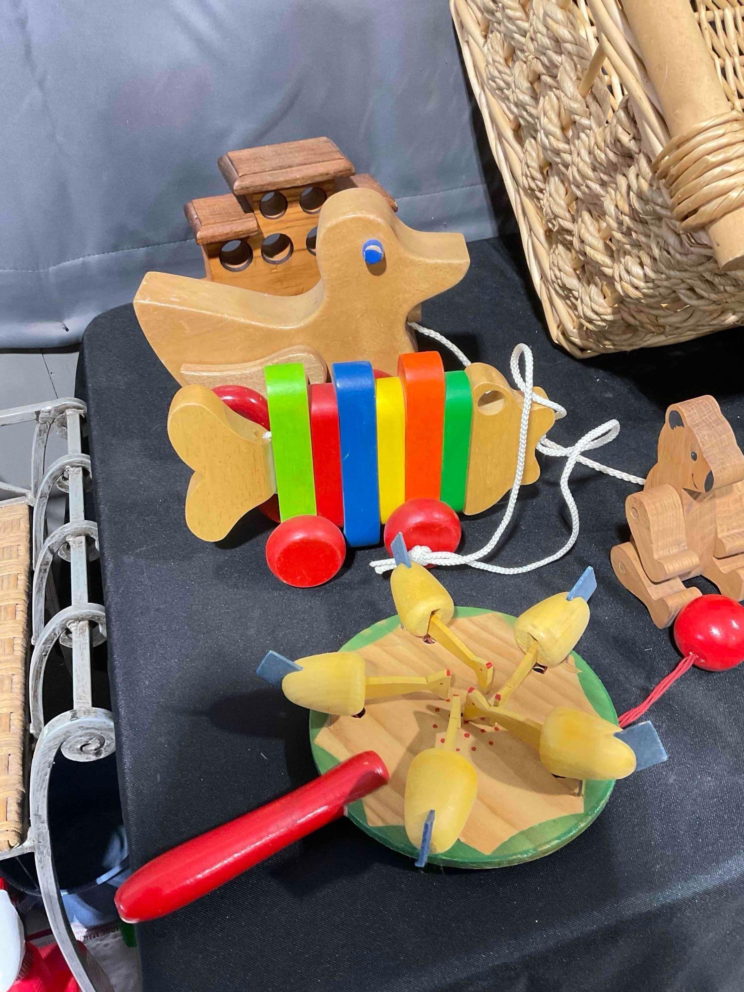 18 pcs Modern & Vintage Wooden Children's Toys in Wicker Basket. Very Good Condition. - 3