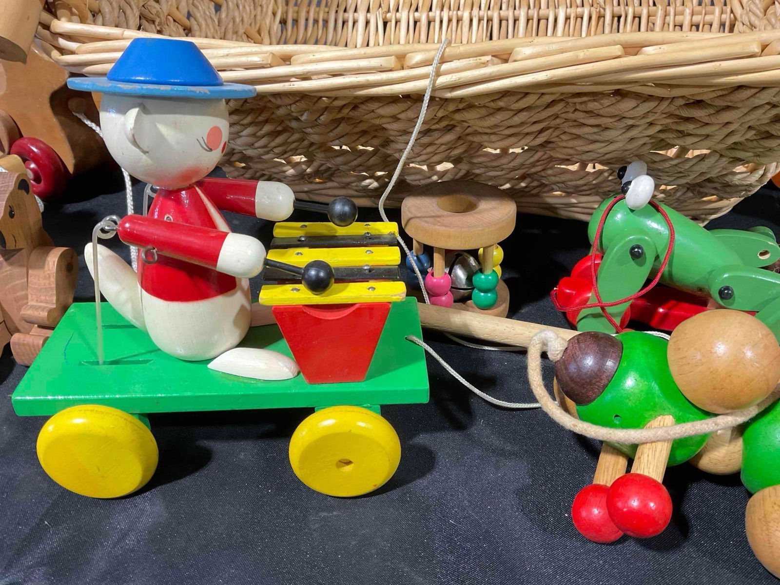 18 pcs Modern & Vintage Wooden Children's Toys in Wicker Basket. Very Good Condition. - 4