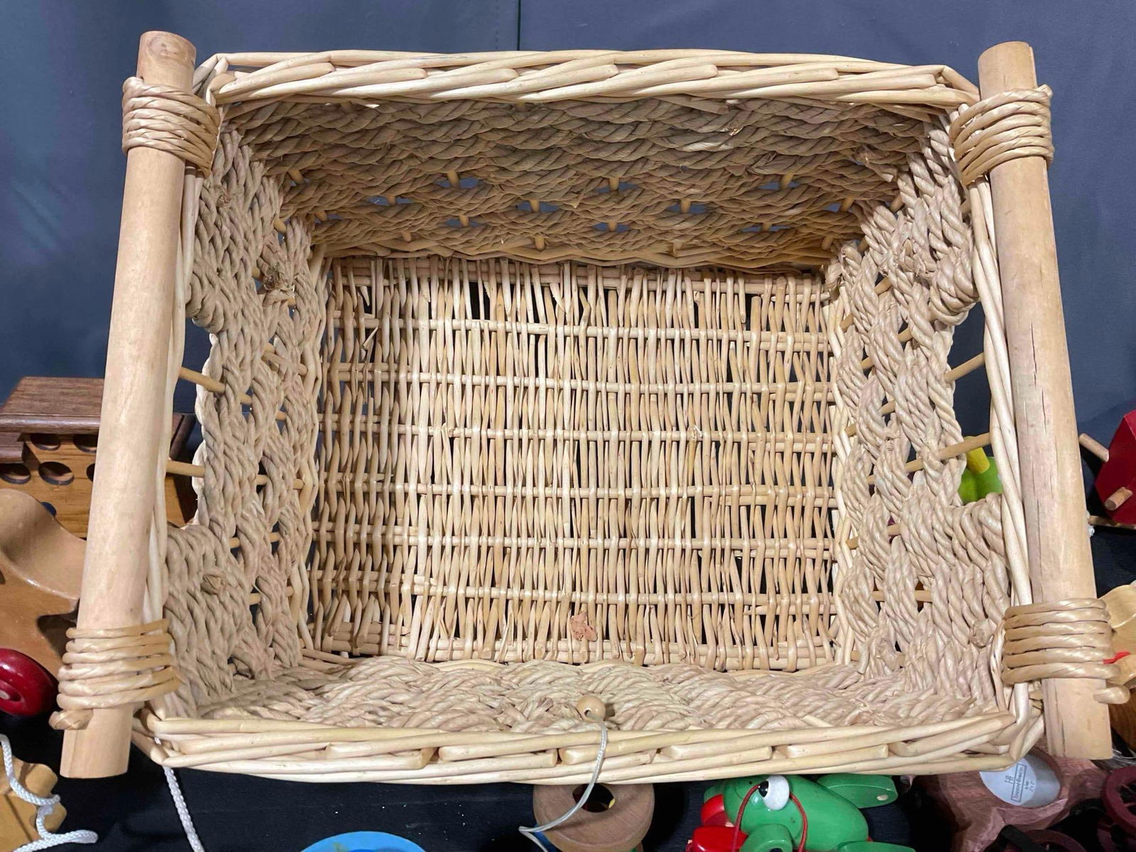 18 pcs Modern & Vintage Wooden Children's Toys in Wicker Basket. Very Good Condition. - 5