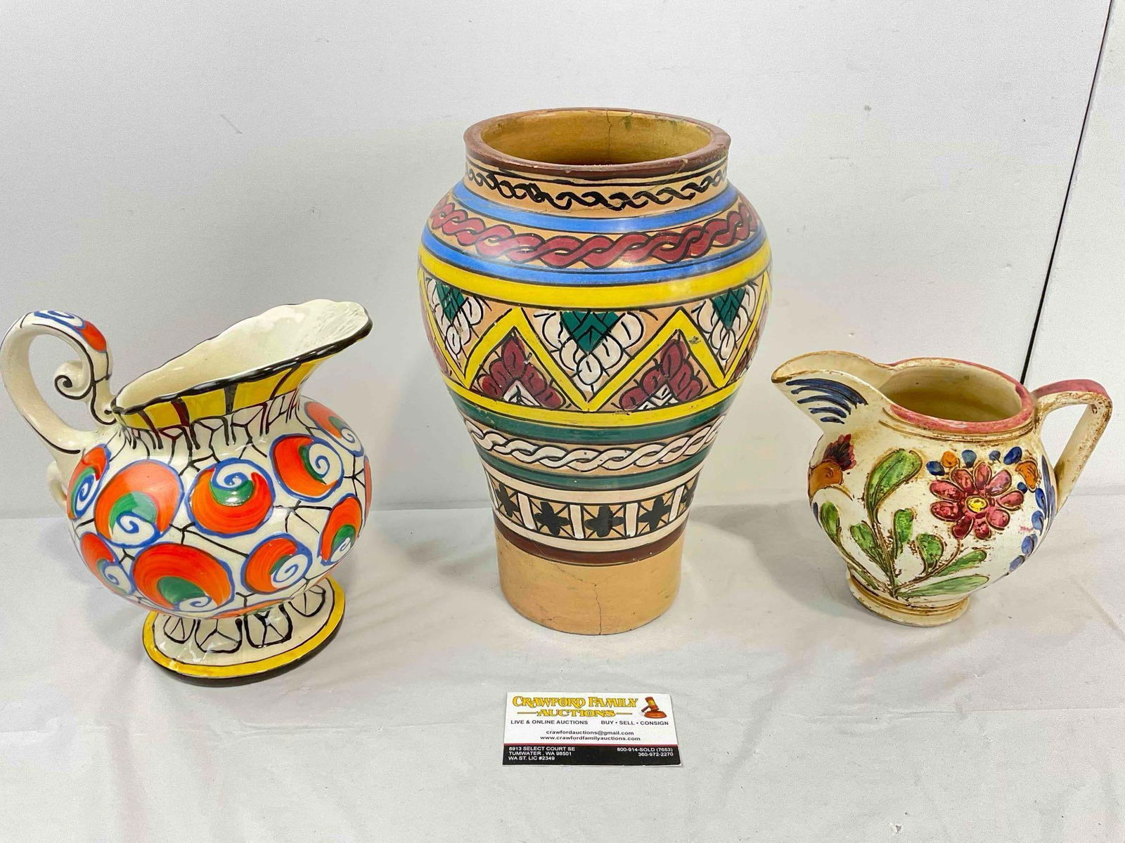 3 pcs Vintage Colorful Painted Pottery Collection, incl. Czech Pitcher & Moroccan Vase. See pics. (1 of 9)