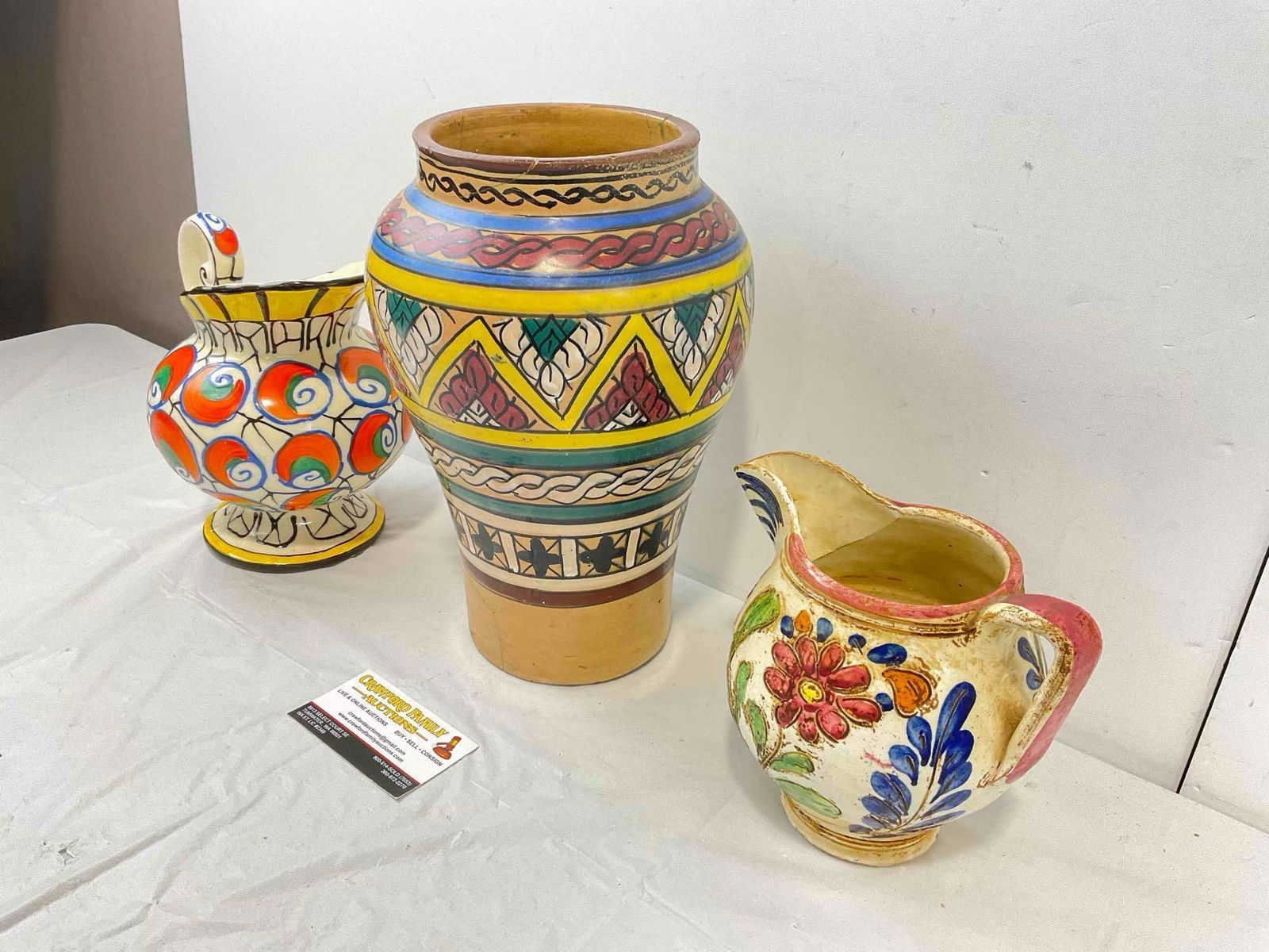 3 pcs Vintage Colorful Painted Pottery Collection, incl. Czech Pitcher & Moroccan Vase. See pics. - 2