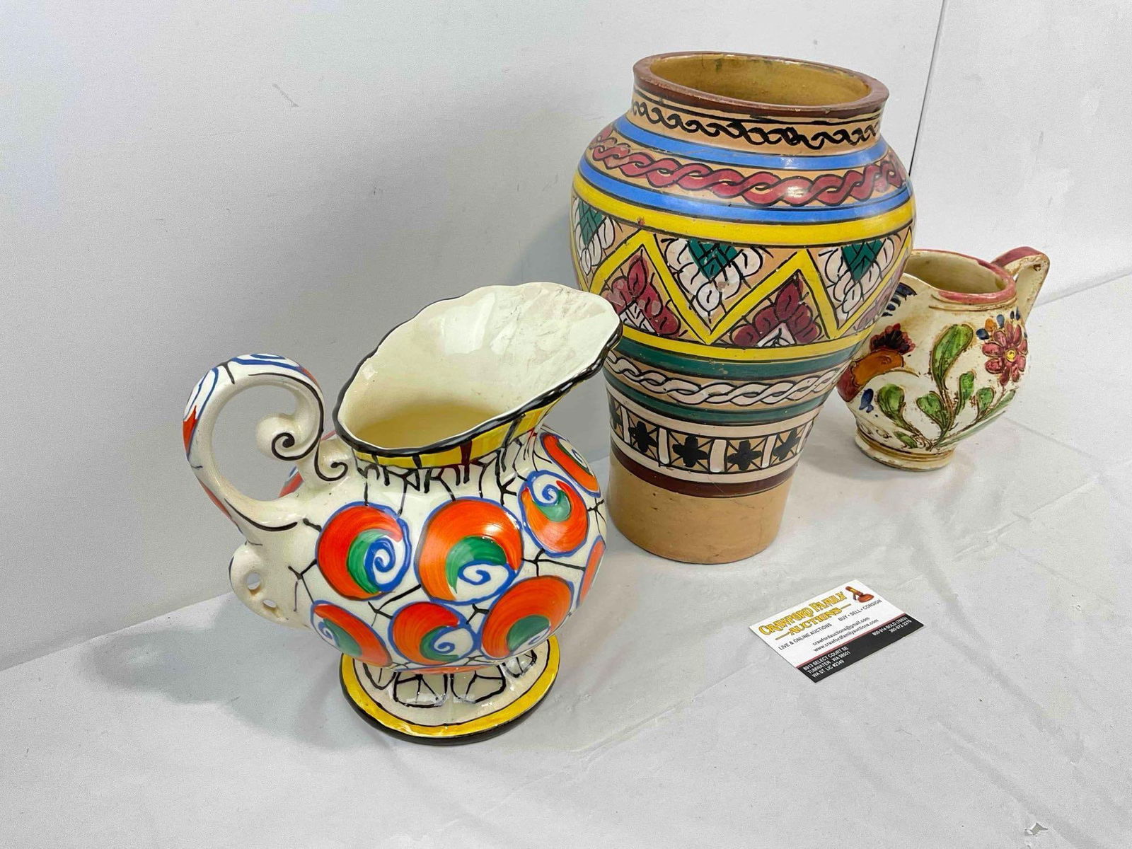 3 pcs Vintage Colorful Painted Pottery Collection, incl. Czech Pitcher & Moroccan Vase. See pics. - 3