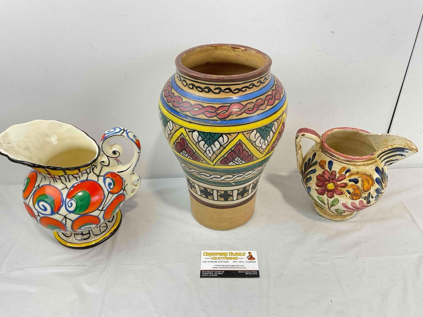 3 pcs Vintage Colorful Painted Pottery Collection, incl. Czech Pitcher & Moroccan Vase. See pics. - 5