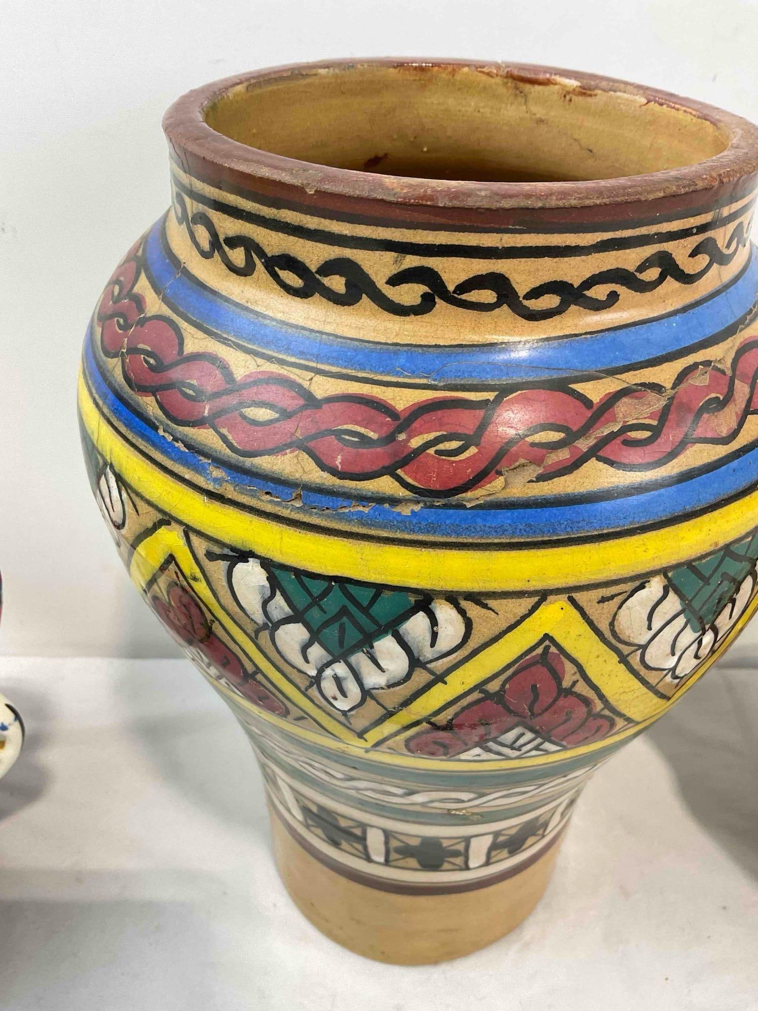 3 pcs Vintage Colorful Painted Pottery Collection, incl. Czech Pitcher & Moroccan Vase. See pics. - 6