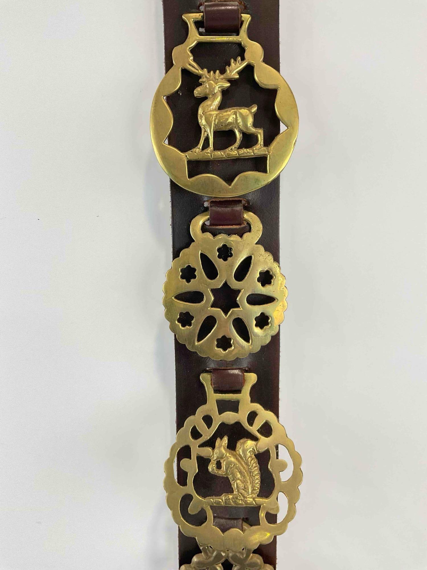 3 pcs Vintage Brass & Leather Horse Harness Medallions, incl. 11 Brasses of Different Styles. - 2