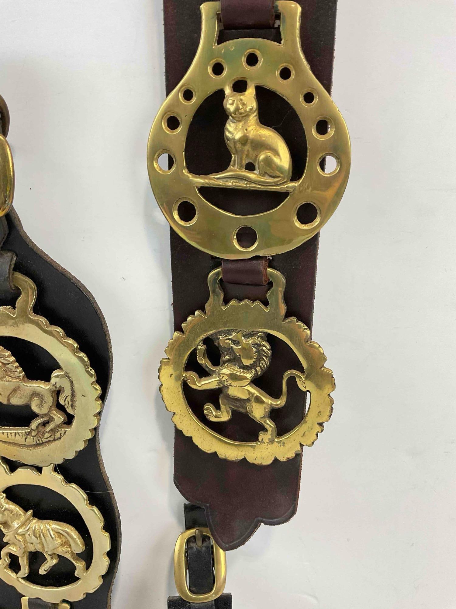 3 pcs Vintage Brass & Leather Horse Harness Medallions, incl. 11 Brasses of Different Styles. - 4