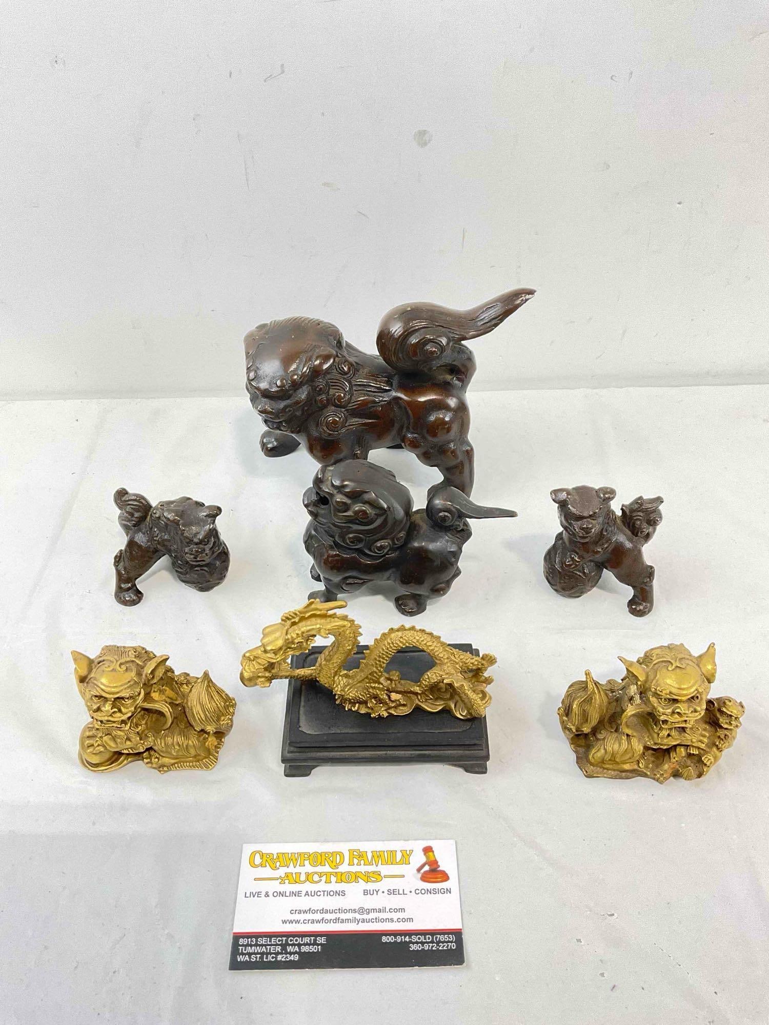 7 pcs Vintage Asian Metal Animal Figurines, incl. Dragons & Fu Dogs. Very Good Condition. (1 of 6)