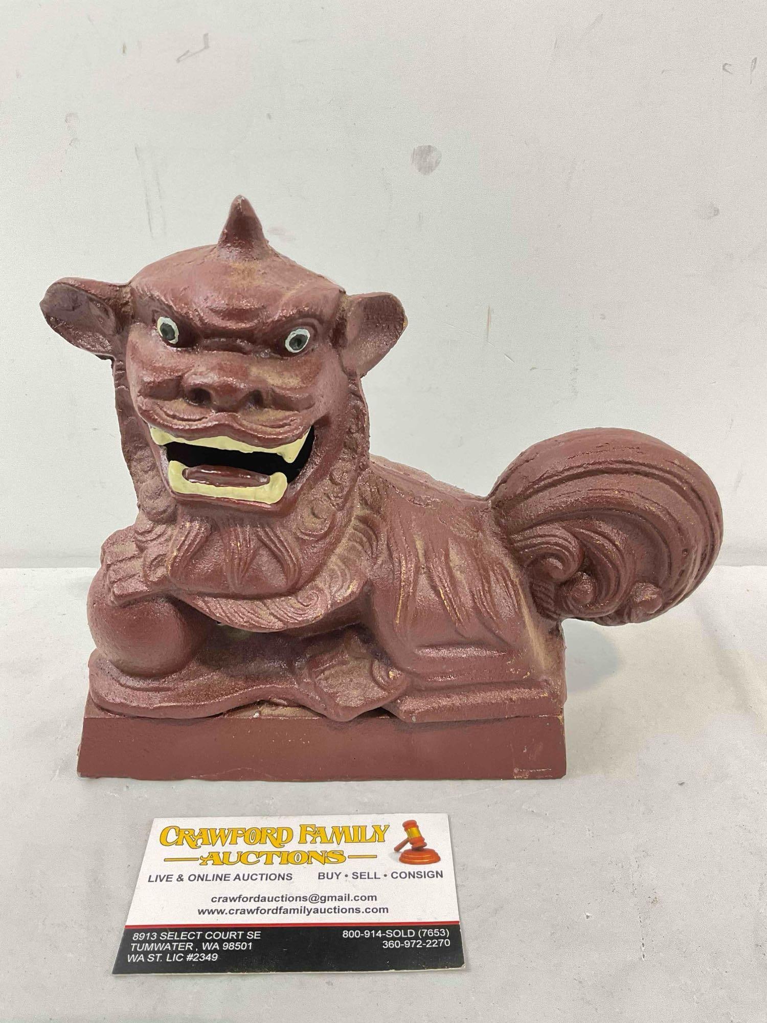 Vintage Charming Painted Cast Iron Guardian Fu Dog Statuette. Very Good Condition. See pics.: Vintage Charming Painted Cast Iron Guardian Fu Dog Statuette. Very Good Condition. Minor wear indicative of age, condition is otherwise very good. Measures 8" x 3" x 6" DM-5360 *Oversized shipping